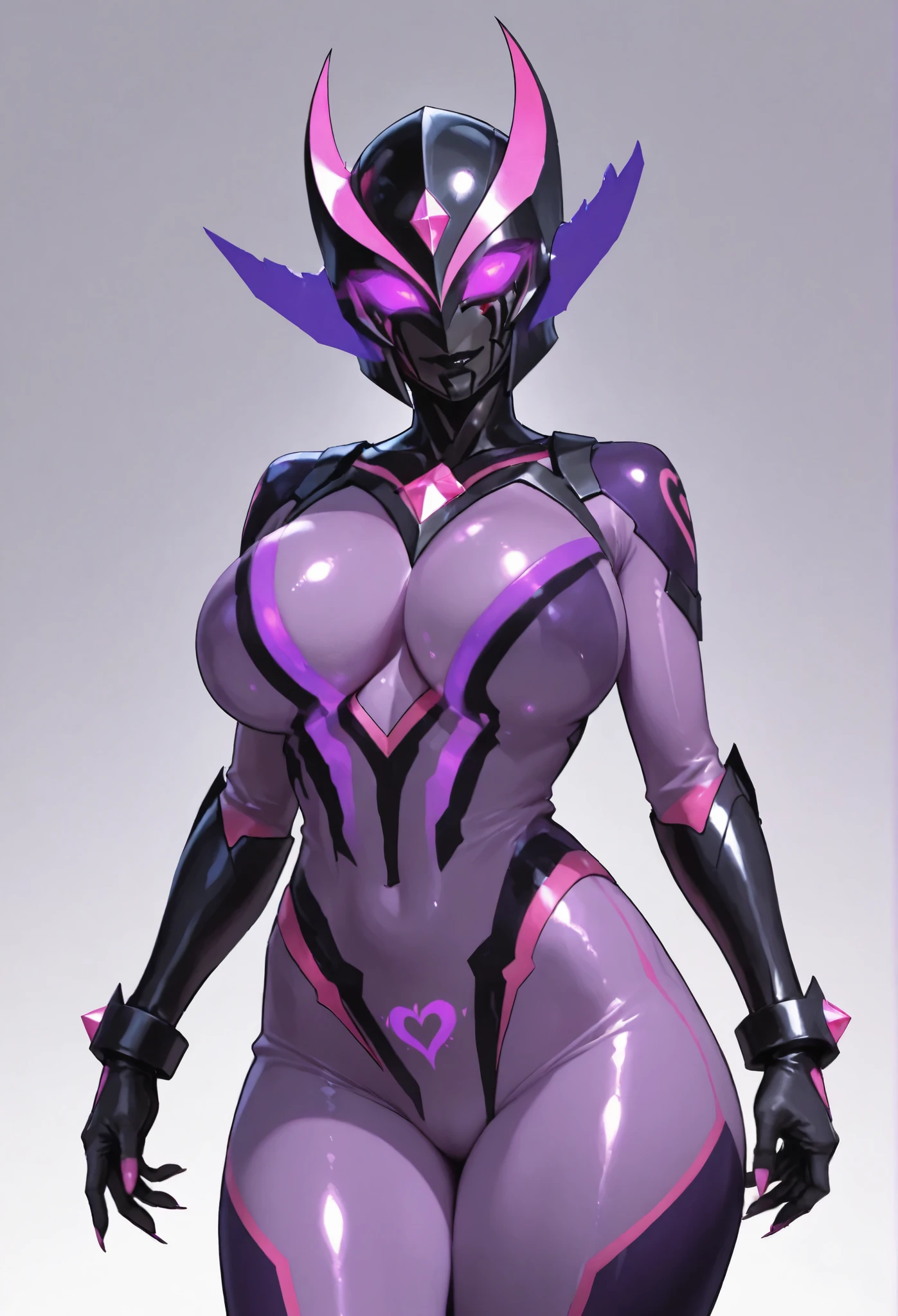 Dark UltraWoman. （high quality）（luster）（(Black Face and red eyeline)）（Black thema color. Purple thema color. black helmet. A full-face helmet. Pink lines. Purple glowing mechanical eyes. The whole body is covered with a black and purple bodysuit. Thick legs. Spike decoration. Pink lines all over the body. Heart tattoo . purple coloreye. Big breasts. Breasts perky. pink glow crystal. pink sharp claw. White background.