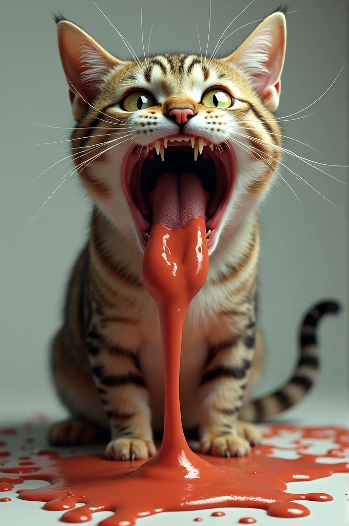 Close-up of a feline anthro character with cat ears, focusing on the interior of her mouth. Her mouth is open wide, revealing sharp teeth and a glistening, wet tongue. The saliva is thick and glossy, pooling at the corners of her mouth. The view includes the back of her throat, showing the warm, fleshy textures and the start of her esophagus. The scene should emphasize the wetness and texture inside her mouth, with a glossy sheen on the surfaces. Her fur around the mouth is slightly damp, and the background is a blurred, dark gradient to keep the focus on the detailed interior of her mouth and throat
