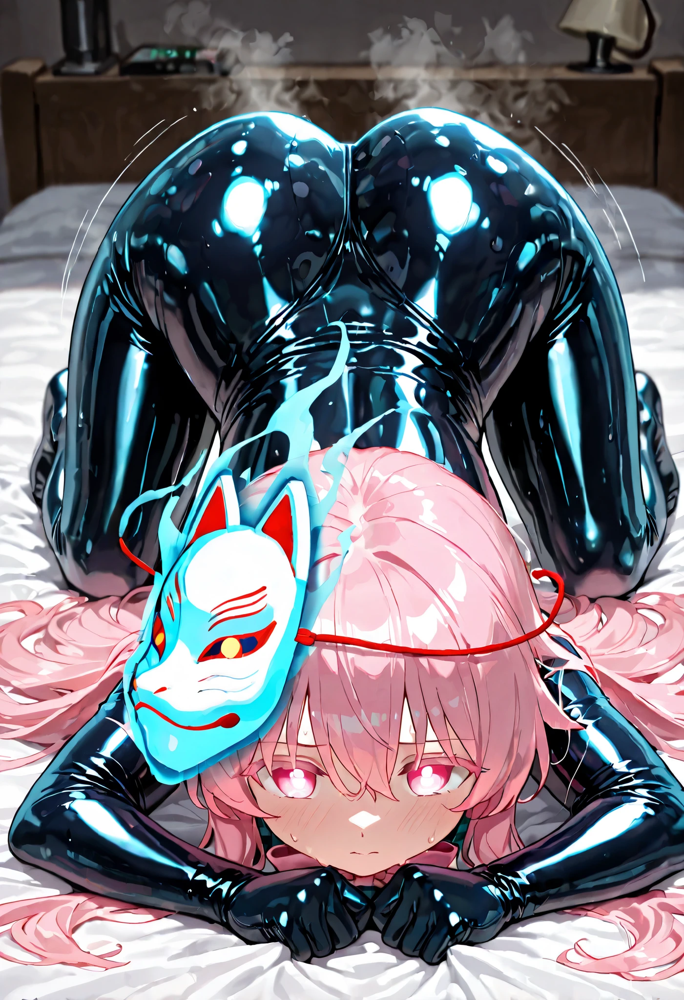 (masterpiece, Highest quality, Ultra-high resolution), 1girl, Hata no Kokoro, fox mask, Pink hair, long hair, pink eyes, mask on head, (dark blue latex bodysuit), The clothes fit perfectly, pink bowtie, latex has a strong metallic sheen, Glossiness, shiny, whole body slimy, Sweat, Stuffy, steamy, Glossiness, shiny, cute face, anime face, bedroom, On all fours, ass, focus on ass