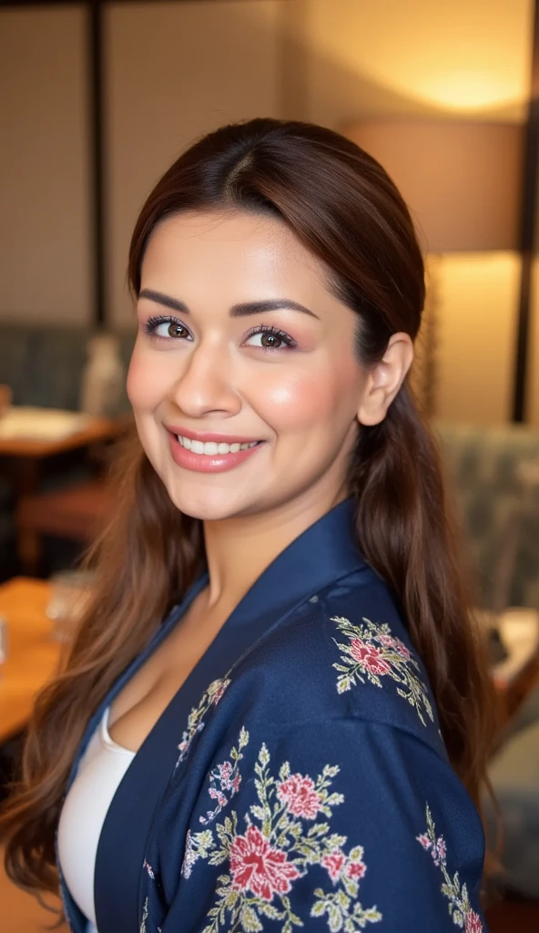 Mature attractive sexy woman,50 years old, ((kimono)),((Navy Blue))、(((kimono))),Shut、((Big Bra))((Big Breasts:1.1)),(Facial wrinkles:1.3),light makeup,Light brown hair,Long Hair,(Full body photo:0.85),(Emphasize big buttocks),8k, RAW Photos, Highest quality, Laughter,masterpiece,Highest quality、A kind smile、A captivating gaze、Random Hairstyles、Japanese-style room、Shoji Screen、lanthanum、
