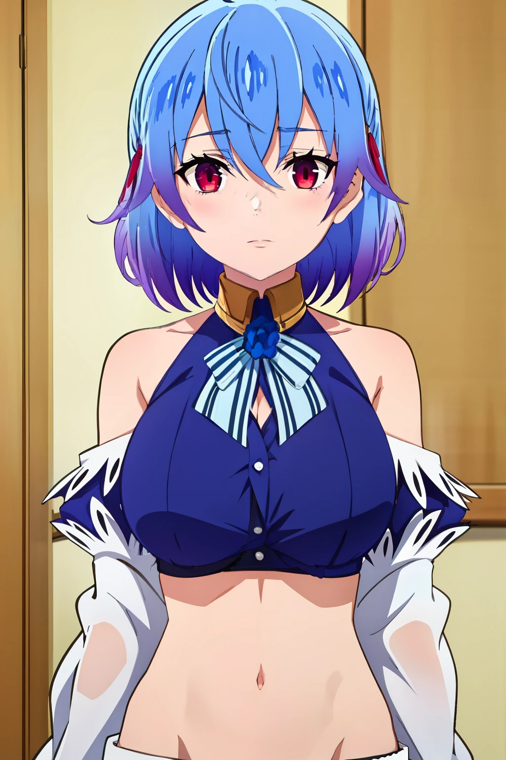 Ruthie , 1girl, One, blue hair , calm face, red eyes, short hair, bare shoulders, colorful hair , big breasts, middle hips , gradient hair , room background , Looking at the viewer, hair between, chest shot, in a bra,