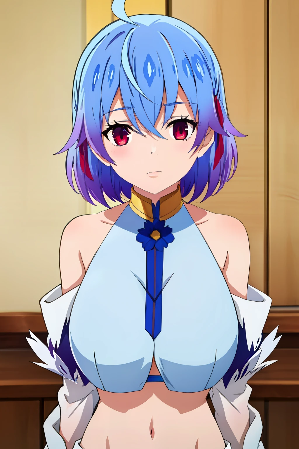 Ruthie , 1girl, One, blue hair , calm face, red eyes, short hair, bare shoulders, colorful hair , big breasts, middle hips , gradient hair , room background , Looking at the viewer, hair between, chest shot, in a bra,
