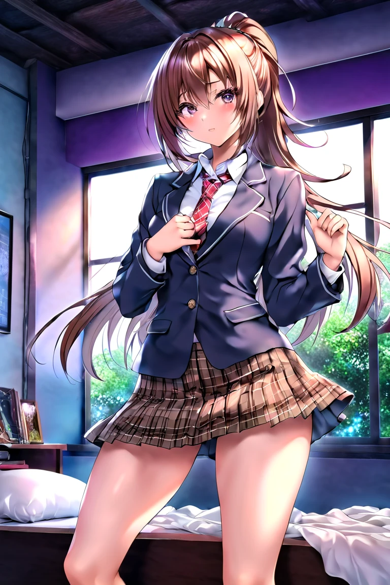 Highest quality、masterpiece、high resolution、8K、(((Spread your legs)))、Uniform Blazer、Beautiful beauty、Long brown hair、((whole body))、(((Photo taken from below)))、School、classroom、mini skirt、Panties are pink lace、Japanese、tall、Model-like body、slender、Long limbs、Her hairstyle is twin tails.