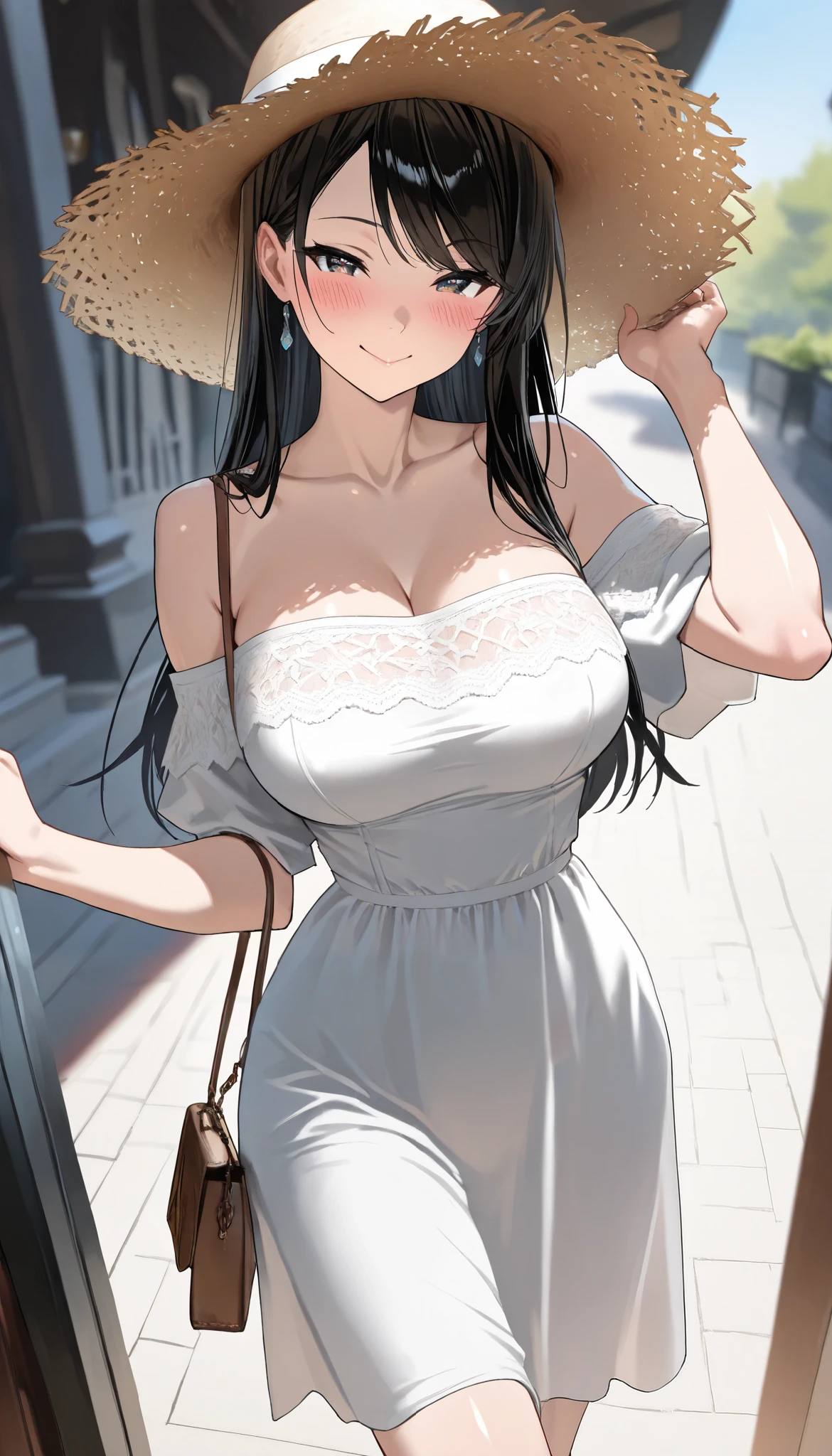 Anime girl in a white dress and straw hat walking down a sidewalk ...