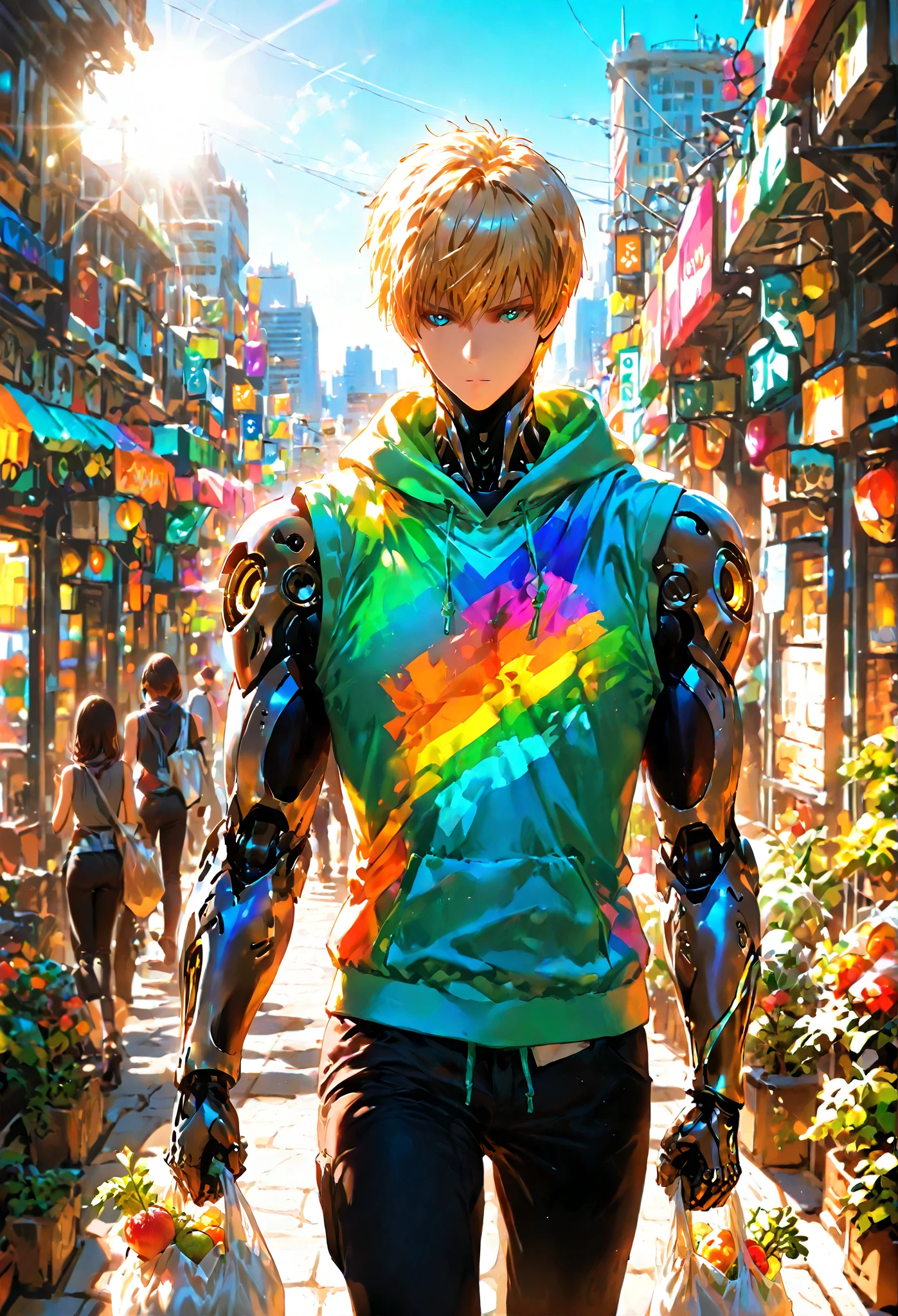 masterpiece, best quality:1.4), colorful, high contrast, genos hoodie, sleeveless, black pants, mechanical arms, city, grocery bag, day, sunlight,((front view)), ((detailed face))