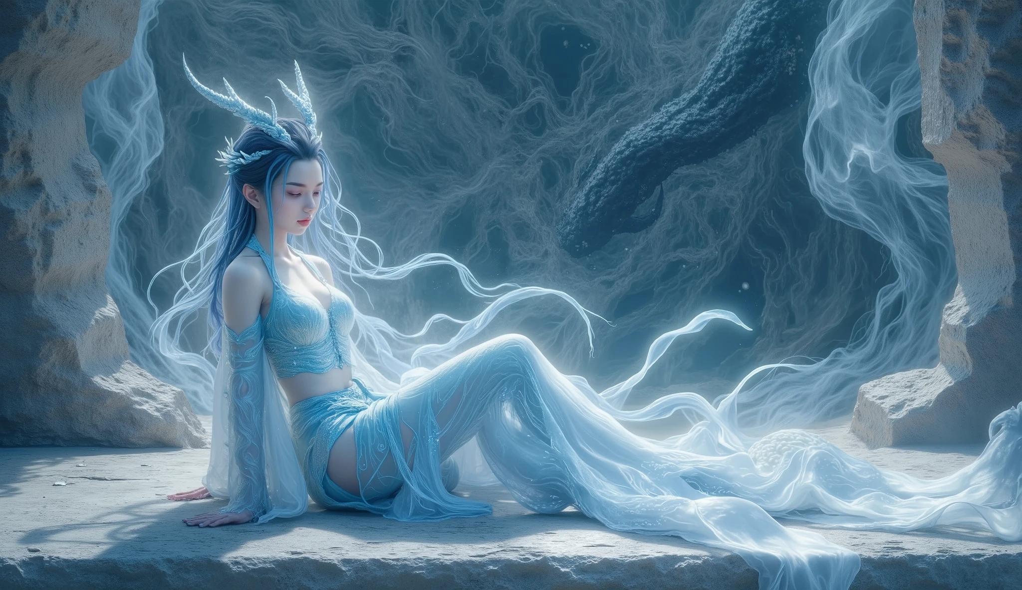 ( masterpiece, Best Quality :1.2), 1 Girl, alone,Xianxia,alone,Dragon Horn,lightmagic,Side-lying,Tempting