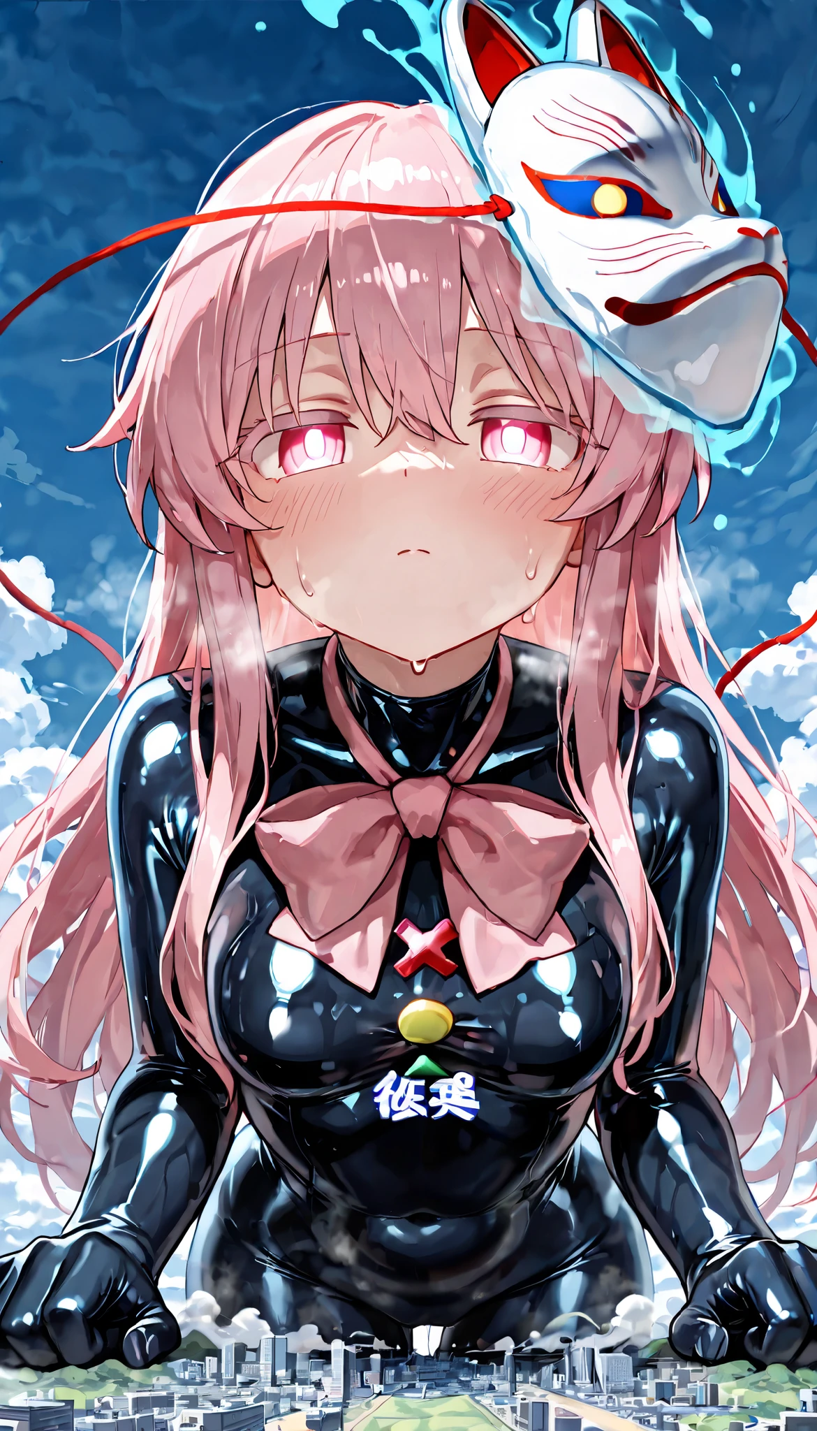 (masterpiece, Highest quality, Ultra-high resolution), 1girl, Hata no Kokoro, fox mask, Pink hair, long hair, pink eyes, mask on head, (dark blue latex bodysuit), The clothes fit perfectly, pink bowtie, latex has a strong metallic sheen, Glossiness, shiny, whole body slimy, Sweat, Stuffy, steamy, Glossiness, shiny, cute face, anime face, (giantess), very giant girl, Aerial Perspective, Clouds are hanging around her, NSFW, R-18, tiny city,