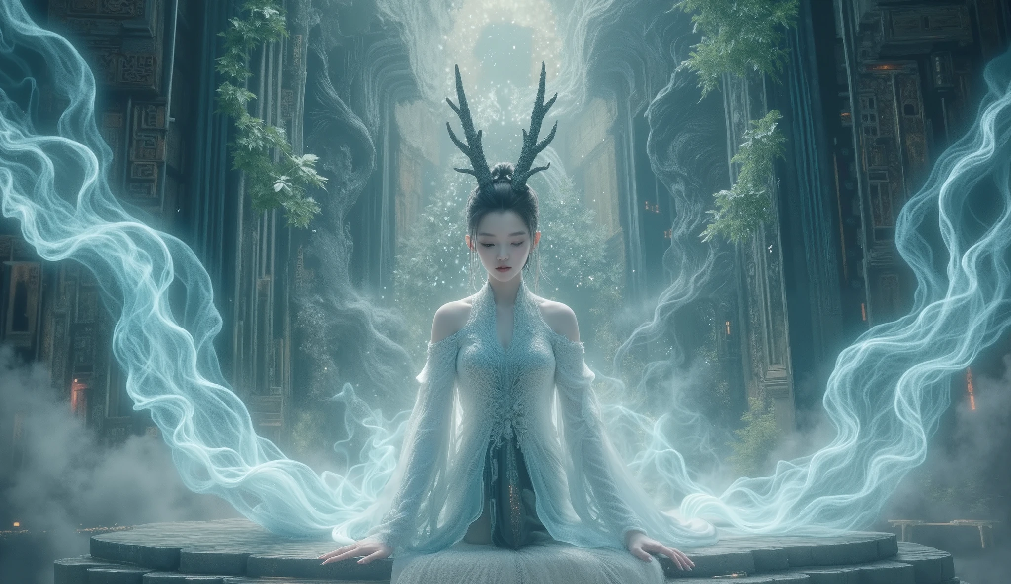 ( masterpiece, Best Quality :1.2), 1 Girl, alone,Xianxia,alone,Dragon Horn,lightmagic,Side-lying,Tempting