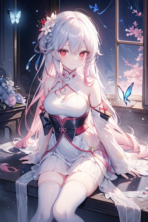(Downward view),Dynamic angle,Extremely detailed, illustration, close up, straight on, 1 Girl, (fantasy:1.4), (Red eyes:1.233),她的眼睛像Dreamy星星一样闪耀,(Glowing eyes:1.233),(Beautiful and delicate eyes:1.1),(Silver Hair:1.14),(messy hair,Very long hair,French Braid,Hair between the eyes,Side lock), (+(red hair flower:1.14)),(Chiffon Dress,red flower patterned),(Separate sleeves,Wide sleeves),(Fingerless gloves),Necklace,(miko knee-high socks),High heels boots,(Poker face,Shut up),(permanent), (Classical princess boudoir with dressing table and floor-to-ceiling windows in a white ancient palace),(White flowers,bloom),(abyss),(flowing water),(a dull blue world tree:1.14),(ruins),(night:1.2),Dreamy,soul,(Fluorescence),(Flying translucent blue butterfly:1.15), [[Slender fingers and hands:0.55]::0.85],(Detail fingers),(yubao:0.5),
