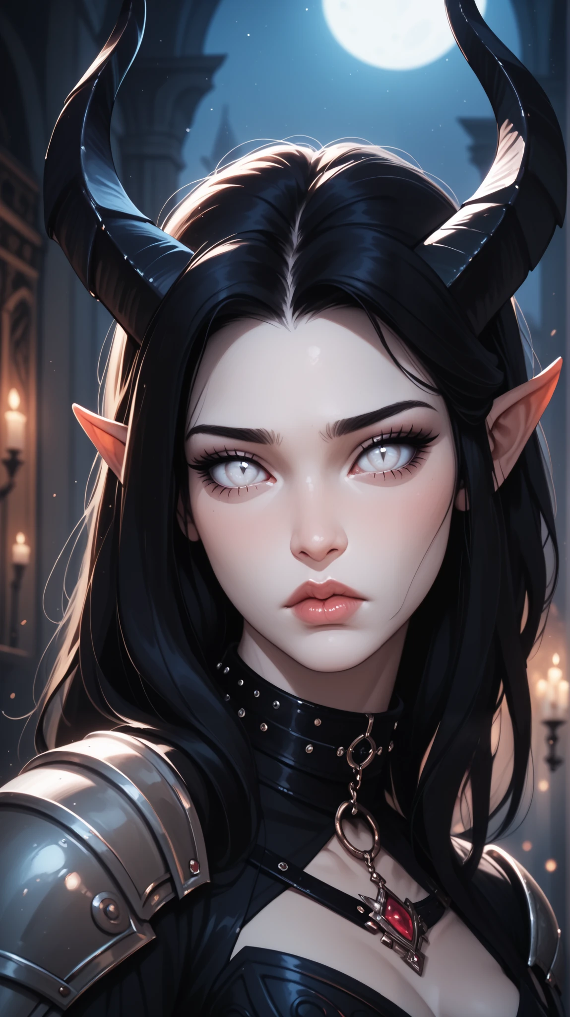 score_9, score_8_ upwards, score_7_ upwards, score_6_ upwards, score_5_ upwards, ((( beautiful , high quality))), sadness, portrait, looks towards , score_9, score_8_ upwards, score_7_ upwards, black sclera , slit p upwardsils, tiefling, white eyes, white skin, black hair, armor, dark background , blurred background, Gothic, posing, at night, sadness, realistic natural light , big , beautiful detailed lips , long lashes , good anatomy, seductive look, big black horns , black clothes, collar, dark fantasy, 8 k, photorealistic