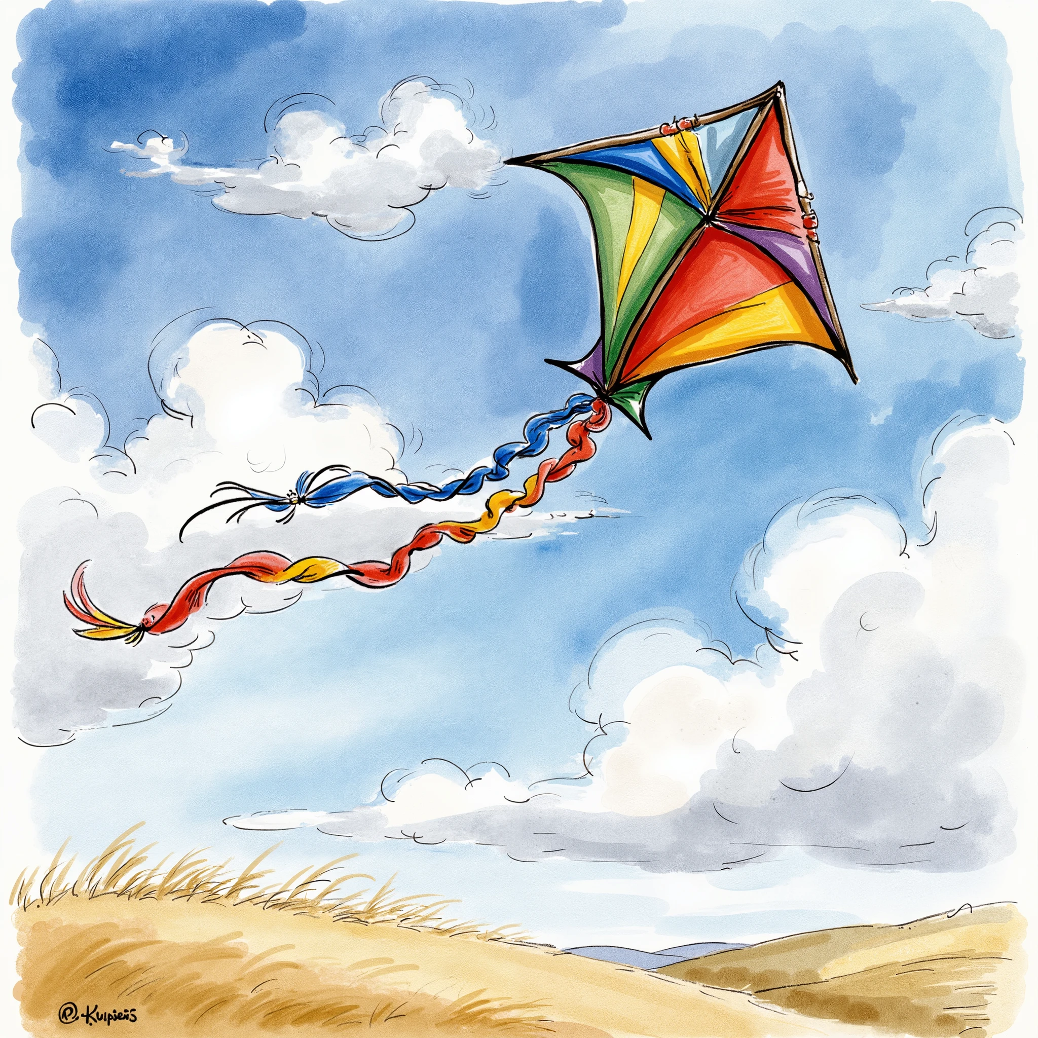 A vibrant kite dances gracefully in the sky, its tail fluttering wildly against the backdrop of a brilliant blue canvas. The forceful breeze is palpable, as it sweeps across the open expanse, imparting a sense of liveliness and movement to the scene.
water color illustration, no background