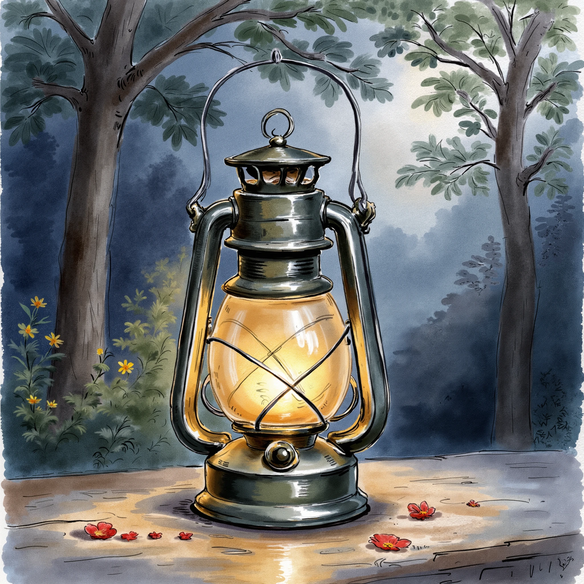 A lantern glowing softly, casting its gentle beams and illuminating the dark, creates a warm and inviting atmosphere around. Its flickering light dances across surfaces, transforming shadows into intricate patterns and bringing a sense of calm to the night.
water color illustration, no background