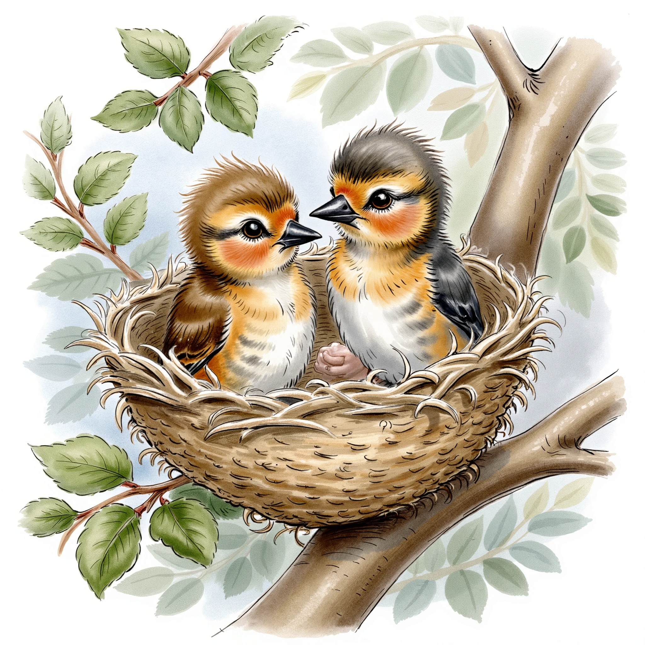 A snug little nest cradles a birds, of which is curiously peeking out with it tiny beaks and wide, wondrous eyes. Nestled in the branches of a tree, the young bird is waiting for it mother to return with food, chirping eagerly with anticipation. The gentle breeze rustles the leaves around them, as they stretch their necks, trying to absorb the sights and sounds of the world beyond their sheltered home for the first time.
water color illustration, no background