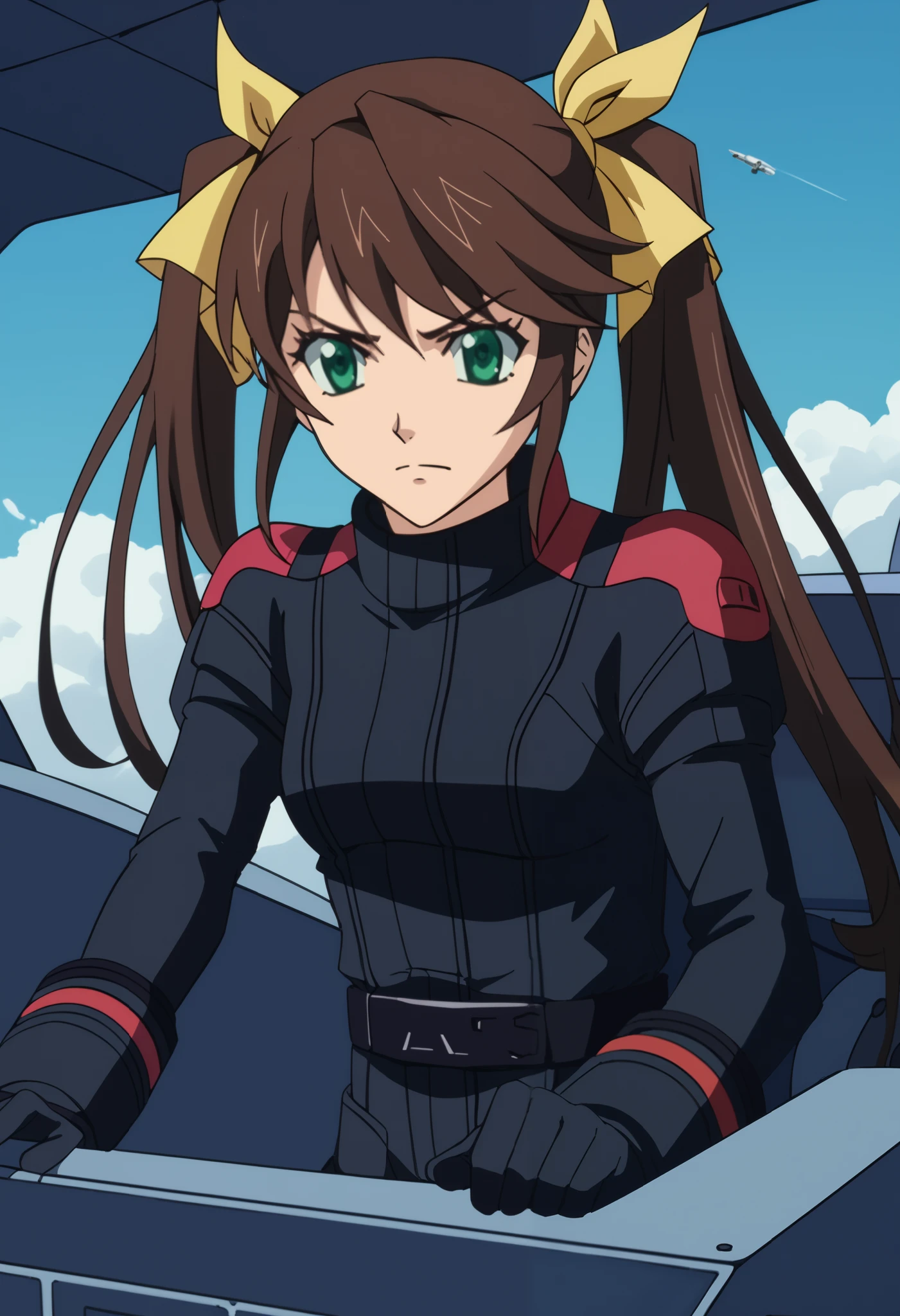 Z Gundam pilot Suit, ( black pilot Suit for piloting a machine:1.5) 、,S_ up 、 DeStroyS Top Quality 、 、 Source Anime 、 1 girl、、Solo、Ling Yin Fan 、 long hair、 brown hair 、ribbon、 twin tailS、 green eyeS、Hair ribbon、 is the cockpit in the background、 sits in the cockpit、Anxious face、