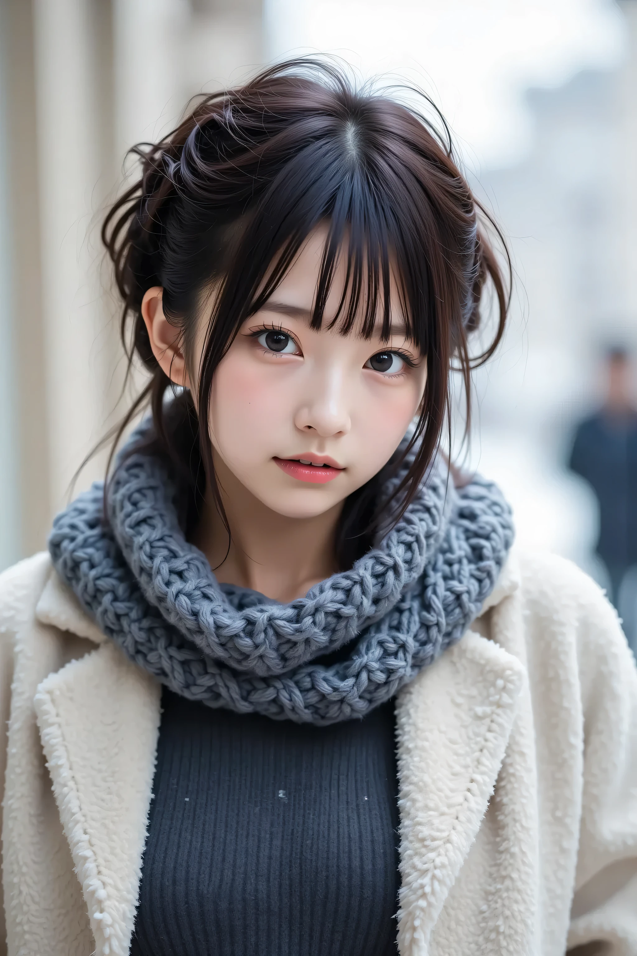 Hyper-detailed, photorealistic image of a lone age girl with a wavy messy pixie cut, double eyelids, droopy eyes, yaeba teeth, thick gray scarf enveloping her hair (1.3 emphasis), red cheeks, no makeup, eyes and mouth closed, pure and intricate skin, in a snowy, windy scene with knight-like backlighting. She wears a white space fashion shearling coat, a charcoal knit top, and a leather mini skirt. Cowboy shot angle, top quality, fluffy hair unifying the look