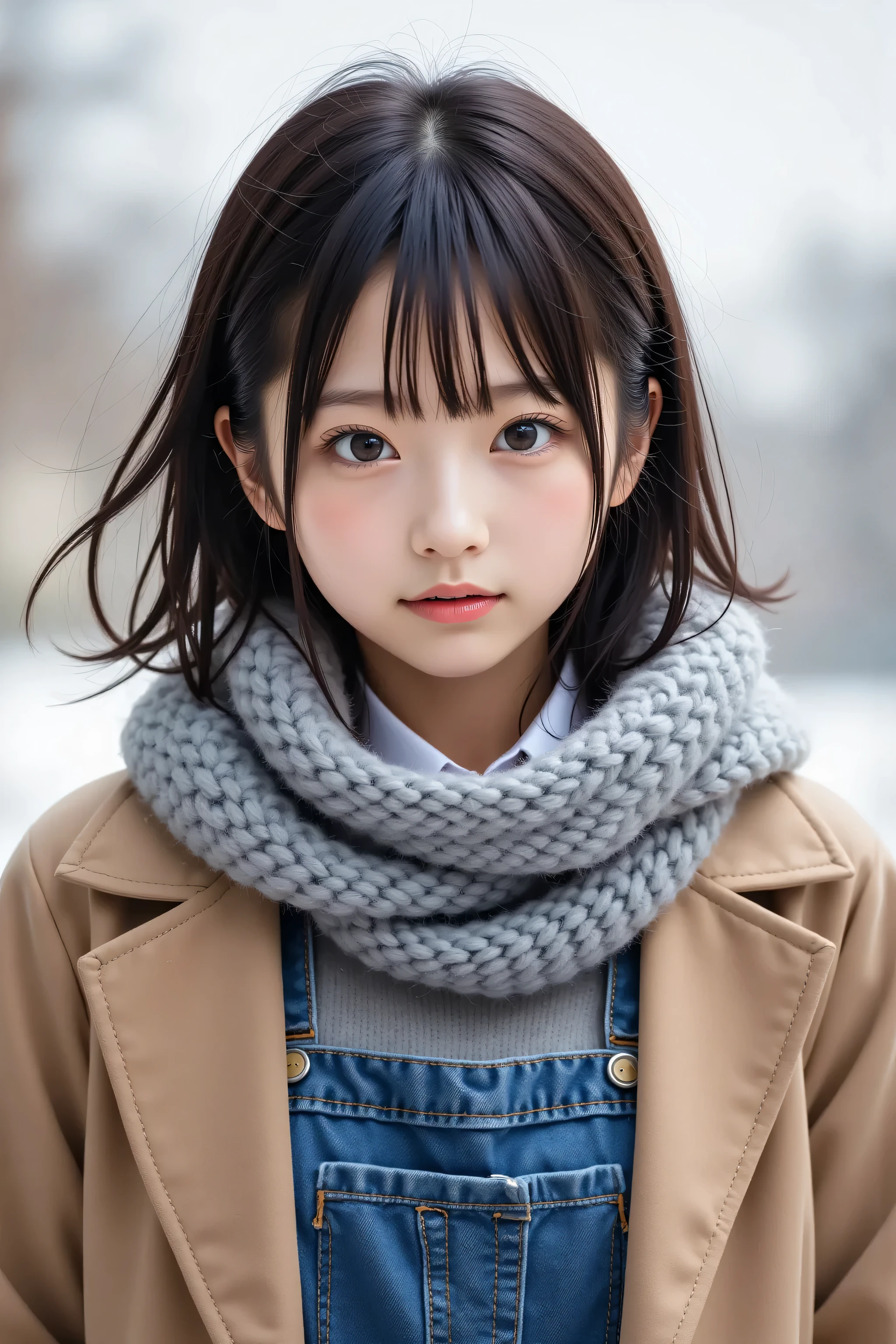 Hyper-detailed, photorealistic image of a lone girl with a tousled side-swept pixie cut, double eyelids, droopy eyes, yaeba teeth, thick gray scarf enveloping her hair (1.3 emphasis), red cheeks, no makeup, eyes and mouth closed, pure and intricate skin, in a snowy, windy scene with knight-like backlighting. She wears a ZOZO-popular camel trench coat, a loose gray knit sweater, and a denim mini skirt. Cowboy shot angle, top quality, fluffy hair unifying the look.