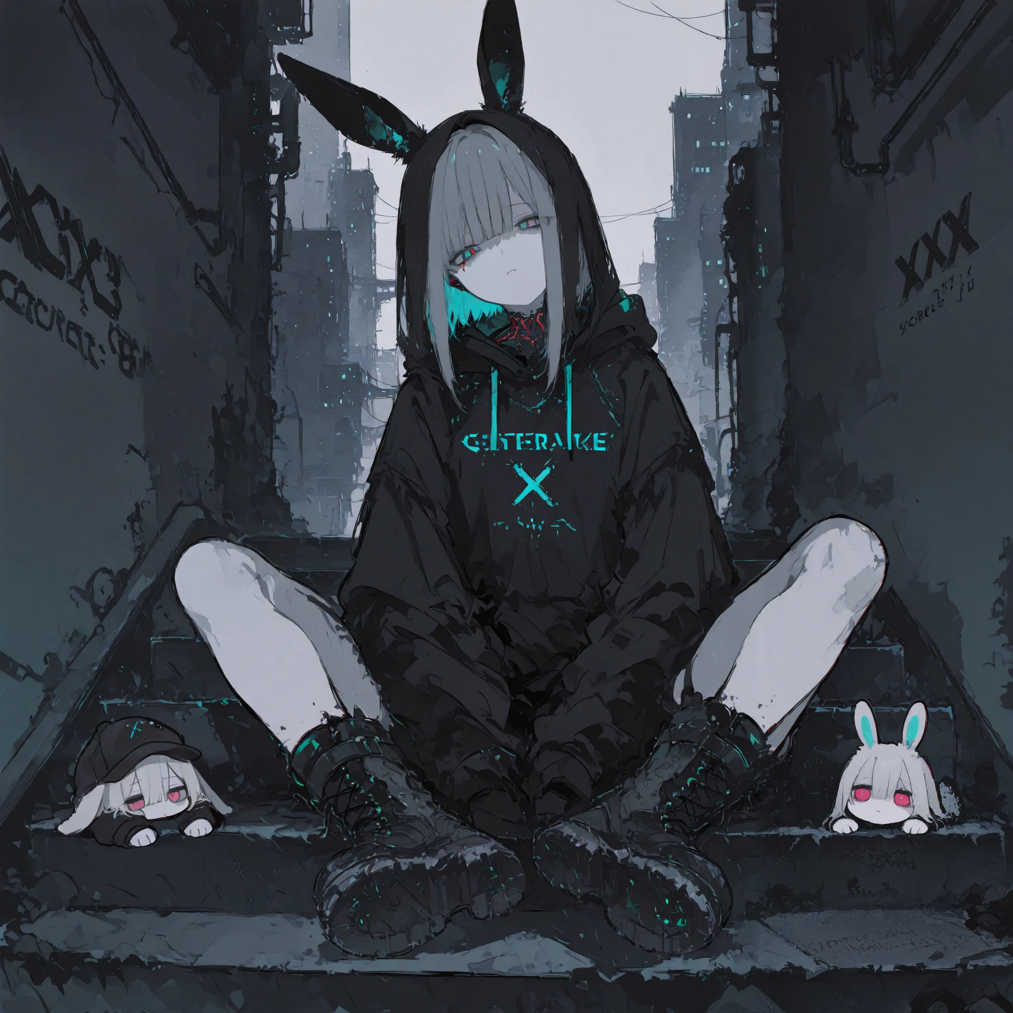 masterpiece, best quality, ultra-detailed, dark fantasy, xxx667_illu,r17329_illu,SagawaStyle,underground style,cute illustration,chibi style,streetwear, trk,girl, black hoodie\("Terika" is written in large letters on the chest\),Rabbit ears sticking out of the hood,sitting on stairs, urban alley background, tactical boots, dystopian vibe, casual yet edgy, cyberpunk atmosphere, minimalist color scheme,grunge aesthetic, urban decay, subtle lighting, relaxed pose, cityscape wires, muted tones