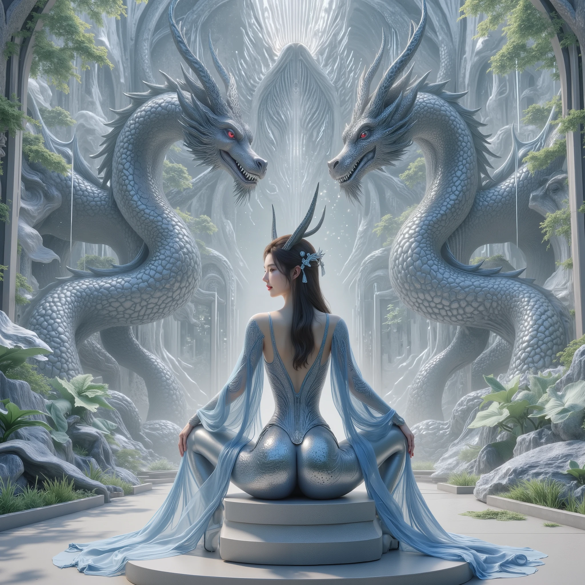 ( masterpiece, Best Quality :1.2), back view, 1 Girl, alone,butt,alone,Looking back,Smile,Dragon Horn,Leather pants,high-waisted sai,silk long sleeve,Baiyu Dragon Palace,Xianxia