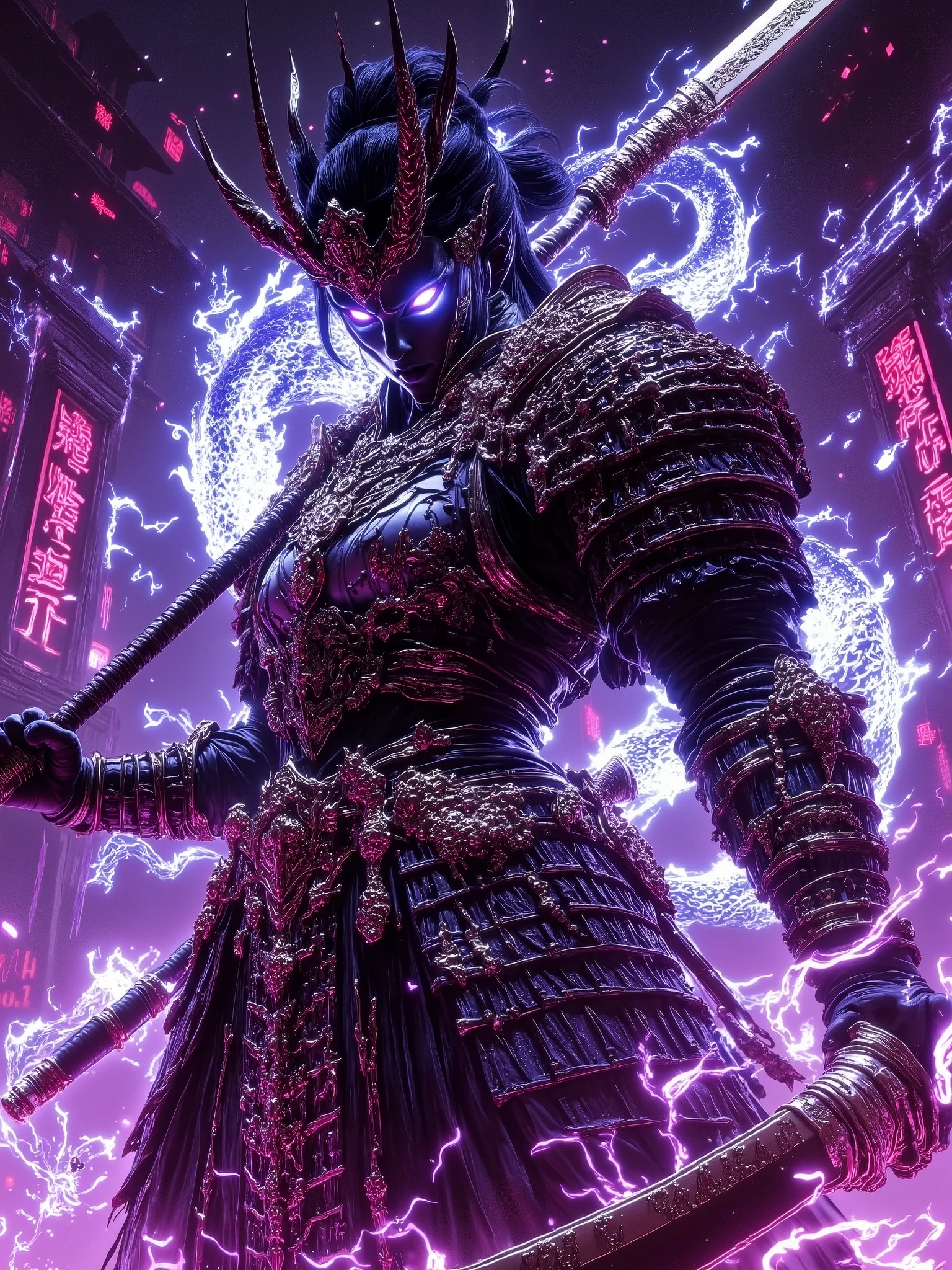 animeSDXL,lady samurai oni,blue hair, stylish armor, Blue Obi, white armor,hand guard, oni horn, big breast, top look, intricate, neon light graffiti background,giant mace,