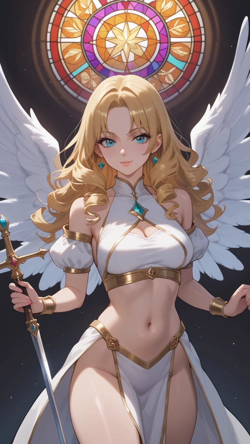 Angel. Hot girl. Sky. Gold sword. Huge white wings. Angry. Sweaty. Fighting. Beautiful. Gorgeous. Low angle POV.