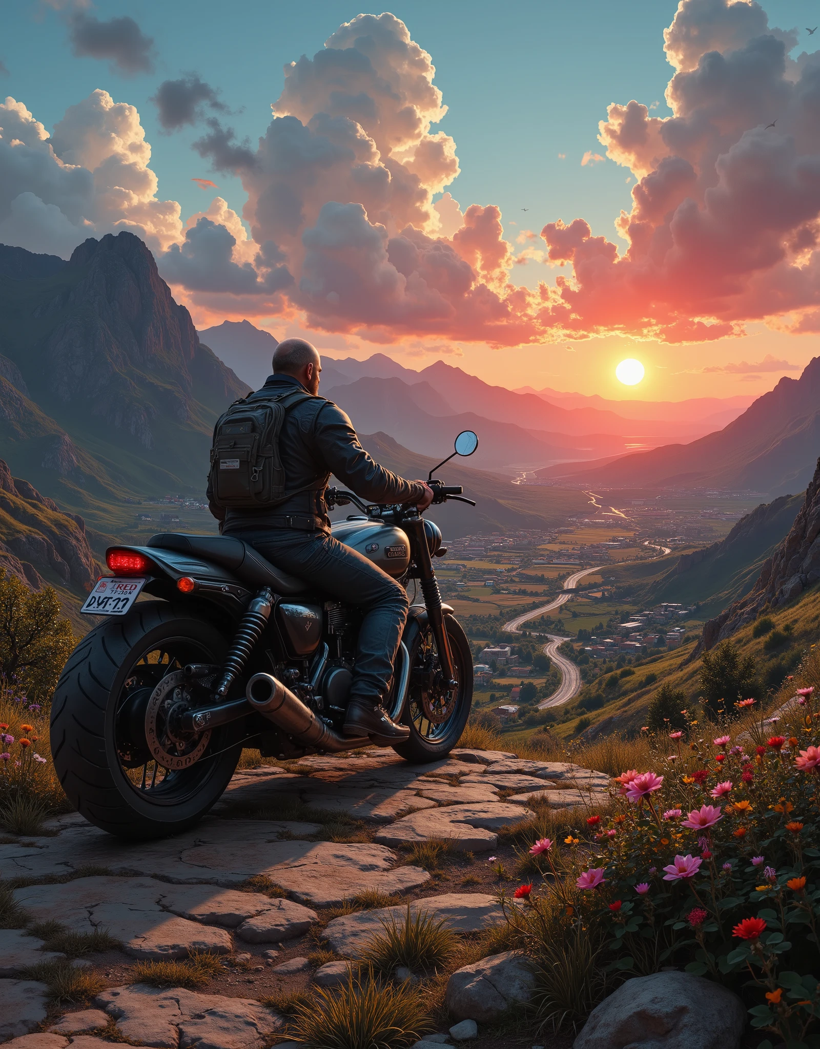 Sunset. The sun is setting in the mountains.The rays of the setting sun illuminate a beautiful picturesque green valley, where you can see fields, gardens, cute colorful houses, and a winding rural road made of red stone. The sky is a beautiful azure blue color, which turns into a red sunset on the horizon. The fireball of the sun. The clouds are cumulus, voluminous, and creamy pink in hue.In the foreground is a heavy, dusty motorcycle, on which sits a tired, brutal, bearded bald biker, a 40-year-old man in worn leather clothes. The feet rest on the ground. He looks out from under the palm of his hand at a beautiful picturesque valley. The last long rays create funny highlights on the man's bald head, beautifully highlight the contour of the motorcycle. Everything is in perspective. digital art . high detail.
