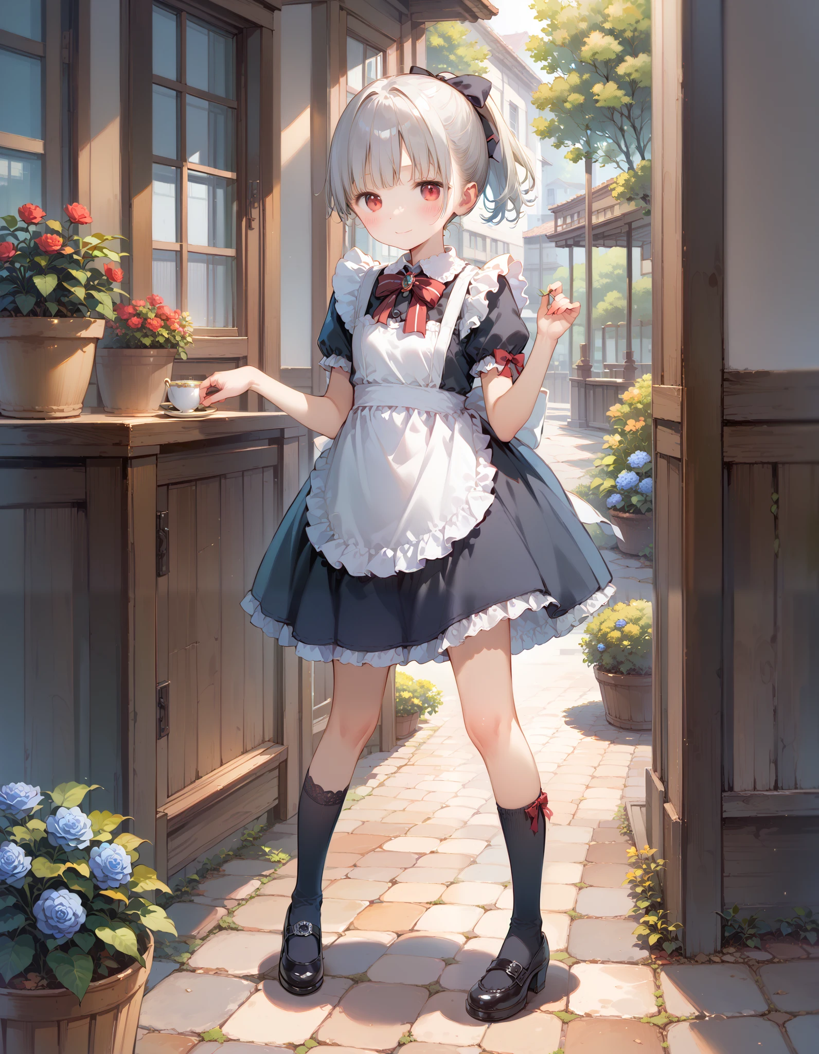 1 girl, young、 portrait photo , 、 from my mouth、 ponytail、 red eyes、Lower your eyes、 High athletic ability , Exposing Maid Outfit , open、 Mini Ruffle Skirt 、 Dark Gothic Maid Skirt , afternoon tea、 Pinch Up Skirt 、courtesy、standing with legs crossed、 red knee 、 Black High Socks and Femboy Skirt Adult Video Style、 Ribbon on shoes、 Courtyard Hideout , blue rose garden 、 volumetric lighting, top quality, artwork, , tone mapping , sharp concentration, smile、Peaceful 、 hyper-detail, ArtStation trend , by Mr. Nomi,