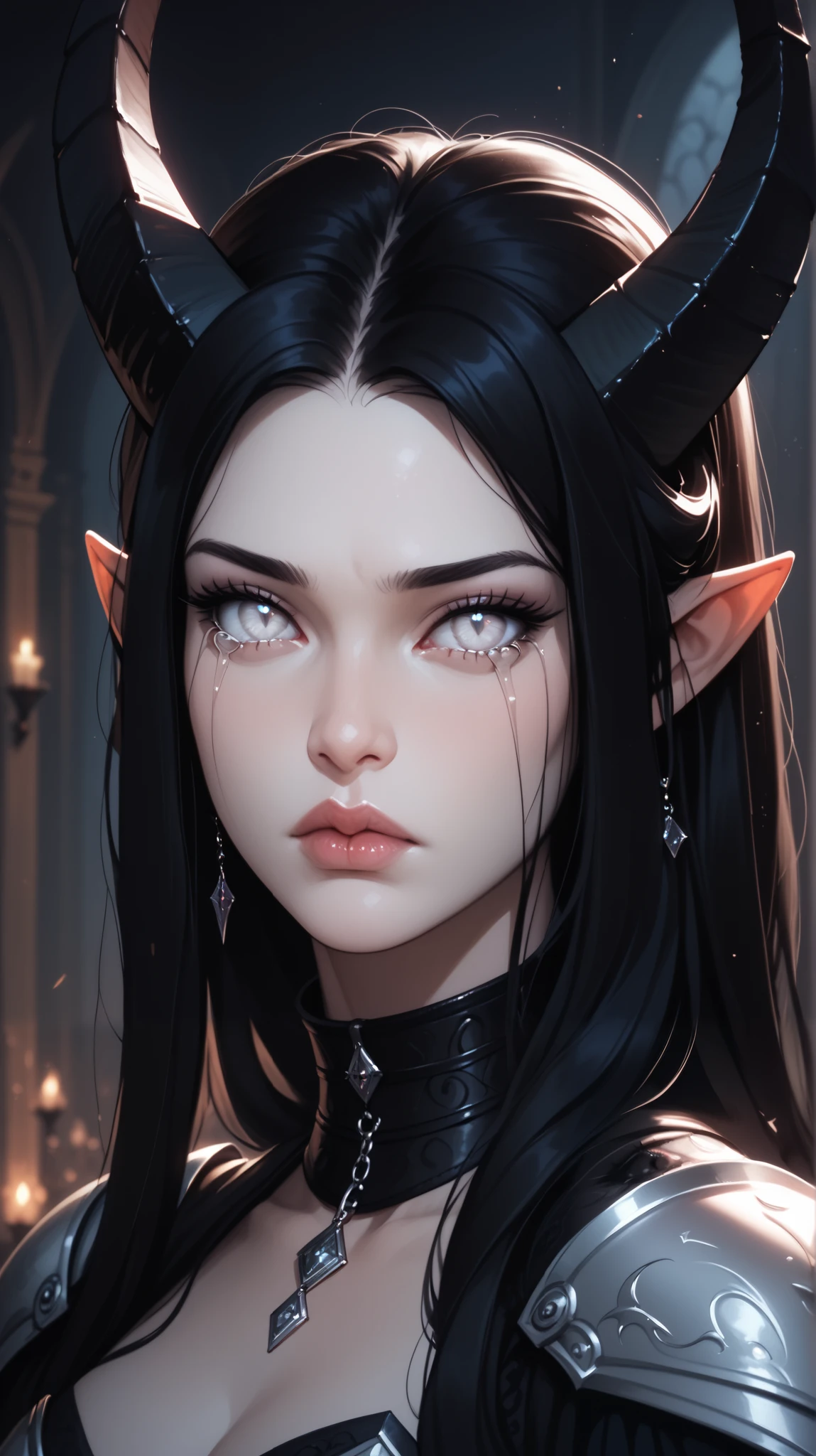 score_9, score_8_ upwards, score_7_ upwards, score_6_ upwards, score_5_ upwards, ((( beautiful , high quality))), sadness, portrait, looks towards , score_9, score_8_ upwards, score_7_ upwards, black sclera , slit p upwardsils, tiefling, white eyes, white skin, black hair, armor, dark background , blurred background, black tears, Gothic, posing, at night, sadness, realistic natural light , big , beautiful detailed lips , long lashes , good anatomy, seductive look, big black horns , black clothes, collar, dark fantasy, 8 k, photorealistic