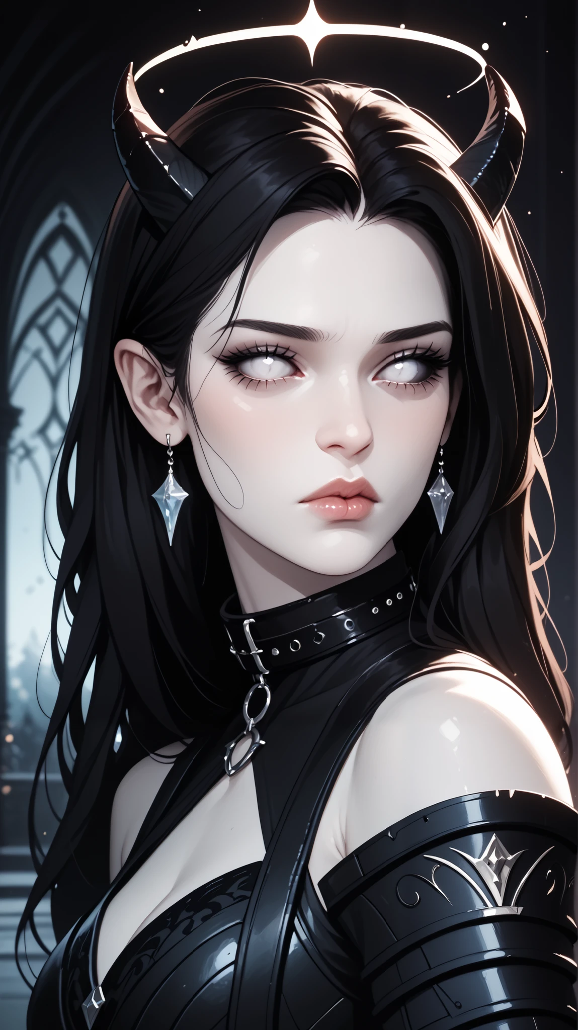 score_9, score_8_ upwards, score_7_ upwards, score_6_ upwards, score_5_ upwards, ((( beautiful , high quality))), sadness, portrait, score_9, score_8_ upwards, score_7_ upwards, black sclera , slit p upwardsils, tiefling, white eyes, white skin, black hair, armor, dark background , halo disc on the back of the head, blurred background, Gothic, posing, at night, sadness, realistic natural light , big , beautiful detailed lips , long lashes , good anatomy, seductive look, big black horns , black clothes, collar, dark fantasy, 8 k, photorealistic