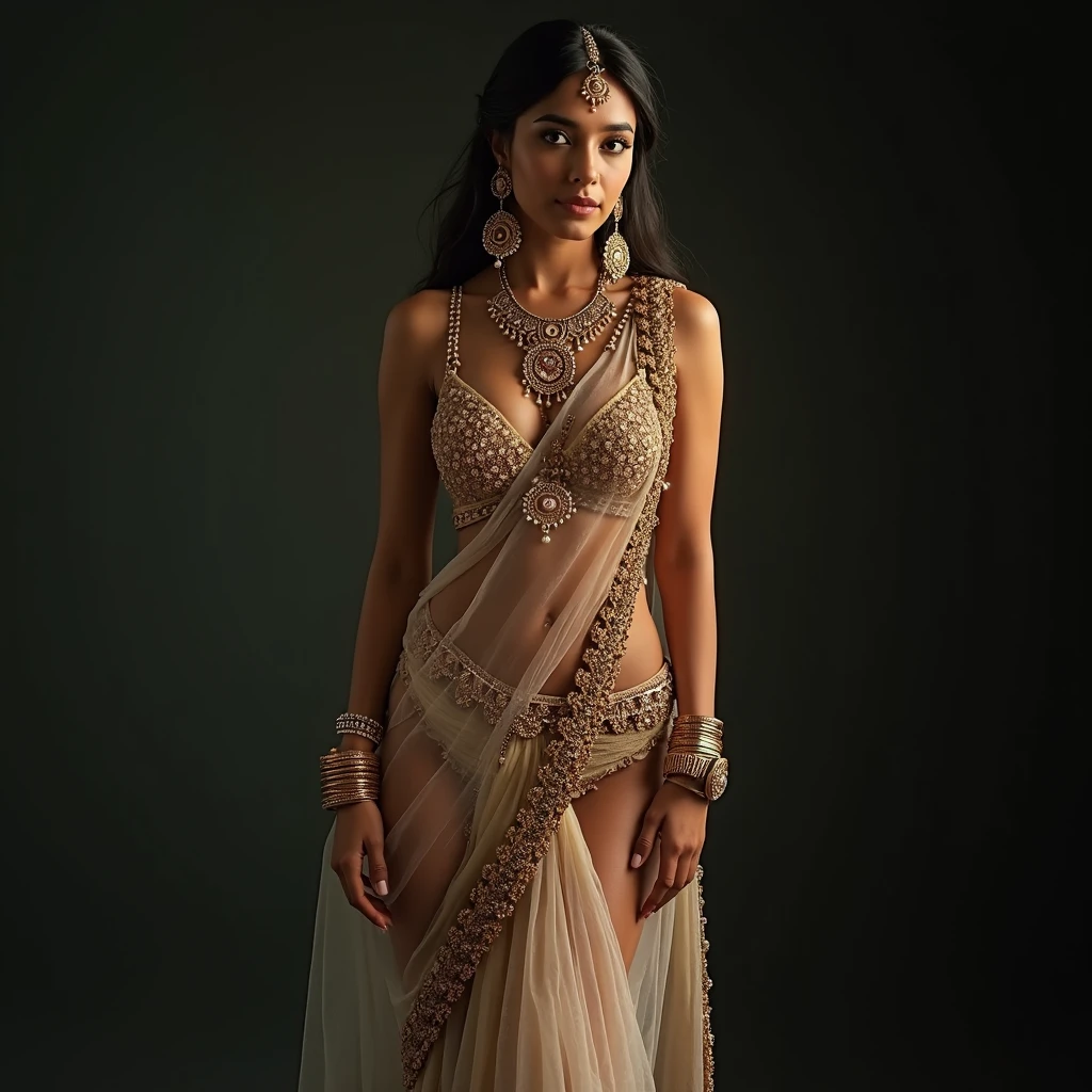 a 21 year old woman in a transparent saree, she is posing for a picture,  traditional beauty, beautiful goddess, hourglass figure, Ornate cosplay, super model, beautiful maiden, gorgeous woman, gorgeous beautiful woman, intricate outfit, aesthetic, beautiful, Top Quality, Masterpiece, Ultra High Definition, (Photorealistic: 1.4), Raw Photo, , cute, beautiful, white skin, perfect skin, perfect body, , tiny waist, Glossy Skin, Dramatic Lighting, Full Body, transparent lingerie, before  picture
