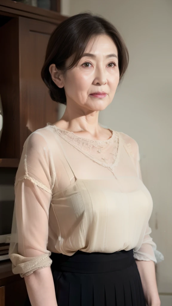 (((ID photo composition))), gravure, from the chest up, masutepiece, Best Quality, Ultra-detailed, Photorealistic, super detailed skin, Perfect Anatomy, (1 japanese mature woman), (Solo), 90 years old, Large breasts, Mature Woman Politician, glamor, A sexy, Chromo-white skin, Looking at Viewer