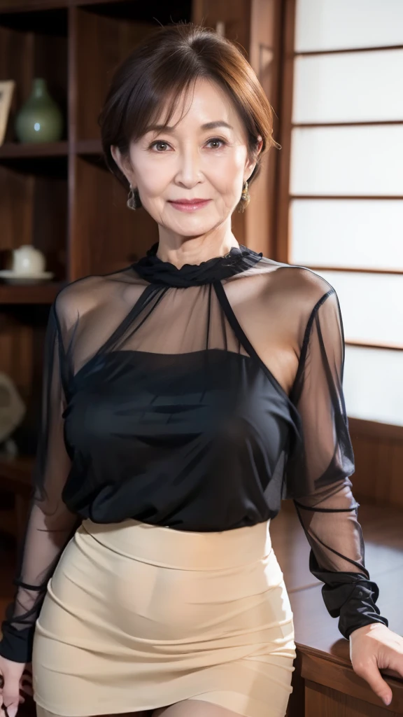 high definition, high definition, Attention to Details , masterpiece, anatomically accurate , sharp, (( Japanese,Mature Woman)),(80 years old:1.5),(old woman:1.6),(( facial wrinkles)), Long light brown hair , bangs,(((stand up,))),View photographer , stares straight ahead,( sheer sheer knit blouse :1.3),( Tight Skirts :1.1),Inside the warehouse,(Straight face:1.3), Middle-aged obesity ,(Long face:1.2),(Ordinary housewife:1.3),