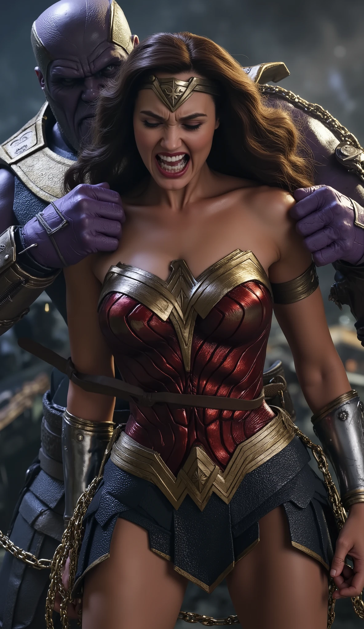Gal Gadot is Wonder woman, fighting with the Thanos, a very beautiful Gal Gadot face, very bright white skin, brown hair, painful face, she is screaming in pain, she is bending down, her skirt is lifted up, a huge body Thanos is sexual assault Wonder woman from behind, severely bondage Wonder woman with a chain from behind of wonder woman, he push his penis into her vagina, photorealistic, hyper realistic, whole body visible, in the night, ancient myth war, whole body,