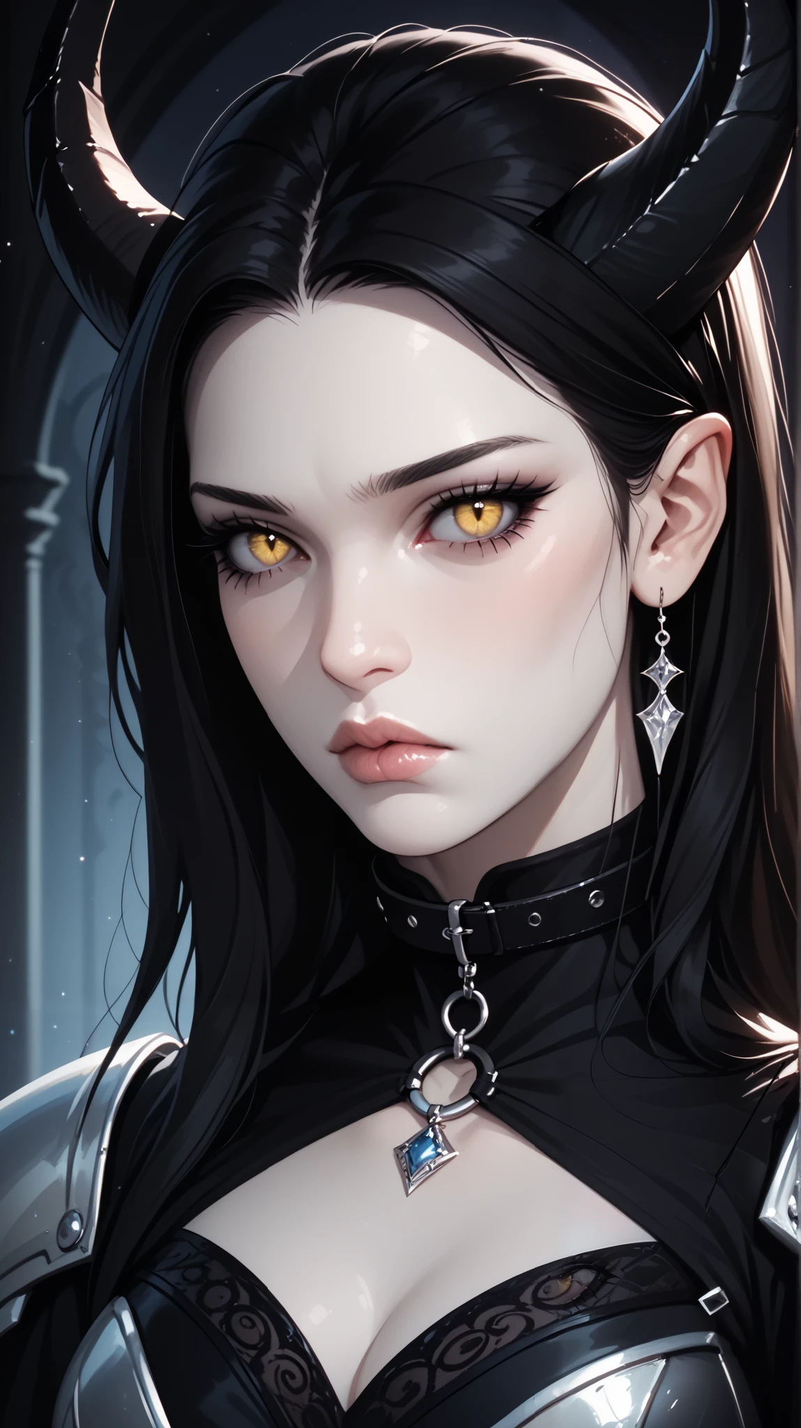 score_9, score_8_ upwards, score_7_ upwards, score_6_ upwards, score_5_ upwards, ((( beautiful , high quality))), sadness, portrait, score_9, score_8_ upwards, score_7_ upwards, black sclera , slit p upwardsils, tiefling, yellow eyes, white skin, black hair, armor, dark background , blurred background, Gothic, posing, at night, sadness, realistic natural light , big , beautiful detailed lips , long lashes , good anatomy, seductive look, big thick black horns, black clothes, collar, dark fantasy, 8 k, photorealistic