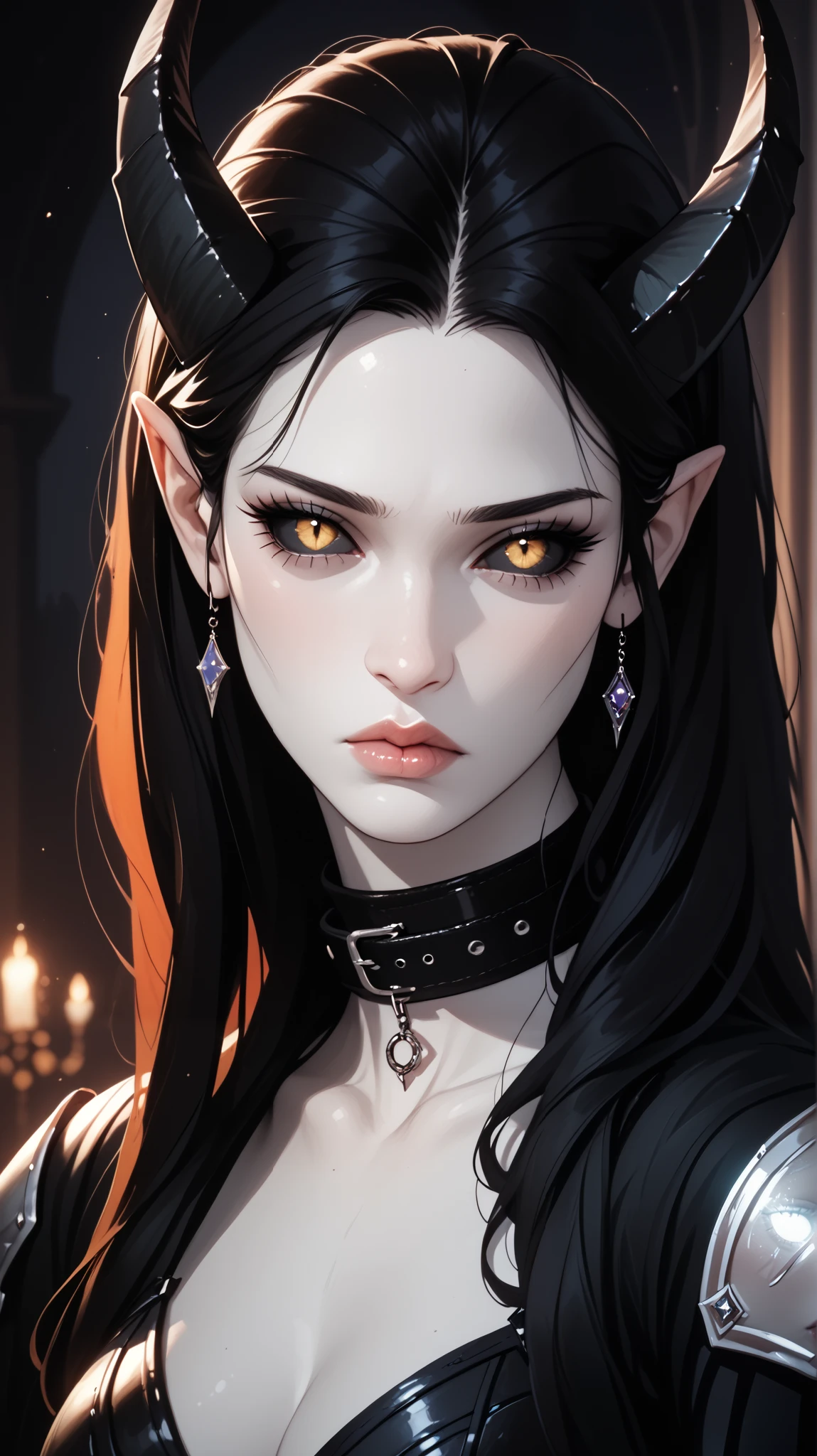 score_9, score_8_ upwards, score_7_ upwards, score_6_ upwards, score_5_ upwards, ((( beautiful , high quality))), sadness, portrait, score_9, score_8_ upwards, score_7_ upwards, black sclera , slit p upwardsils, tiefling, yellow eyes, white skin, black hair, armor, dark background , blurred background, Gothic, posing, at night, sadness, realistic natural light , big , beautiful detailed lips , long lashes , good anatomy, seductive look, big thick black horns, black clothes, collar, dark fantasy, 8 k, photorealistic