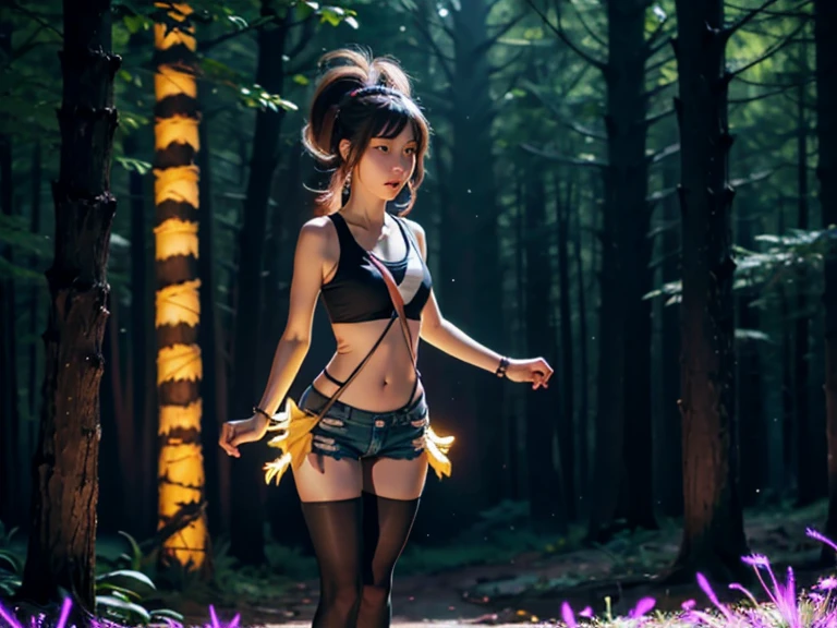 a sexy Thai model with colorful short hair, shiny sparkling dark magic forest background, sparkling poisoned enchanted flower costume, fishnet tights, skull hair accessories, controls poison, secret poison, (best quality,4k,8k,highres,masterpiece:1.2),ultra-detailed,(realistic,photorealistic,photo-realistic:1.37),vibrant colors,dramatic lighting,cinematic,hyper detailed,intricate details,fantasy art,digital painting