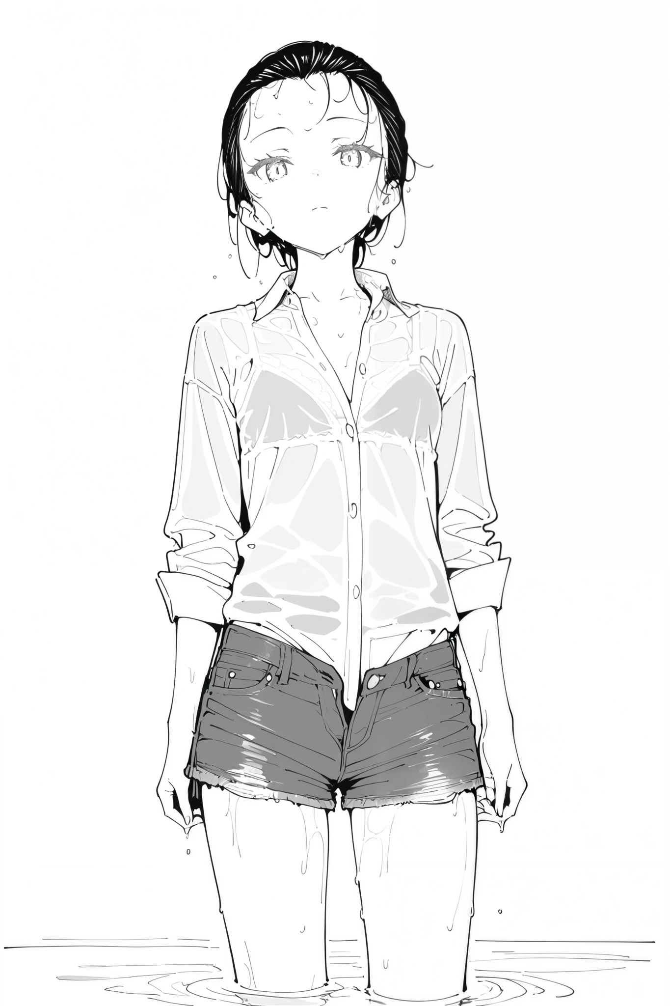 masterpiece, best quality, good quality, very awa, newest, highres, absurdres, greyscale, monochrome, line art, lineart, Timbrook
masterpiece, best quality, good quality, very awa, newest, highres, absurdres, 1girl, solo, ound glasses, defined eyelashes, small breasts, looking at viewer, white shirt, completely soaked, translucent fabric, denim shorts, (unbuttoned shirt:1.2) shorts, wet skin, wet hair slicked back, detailed cloth folds, intricate details,
