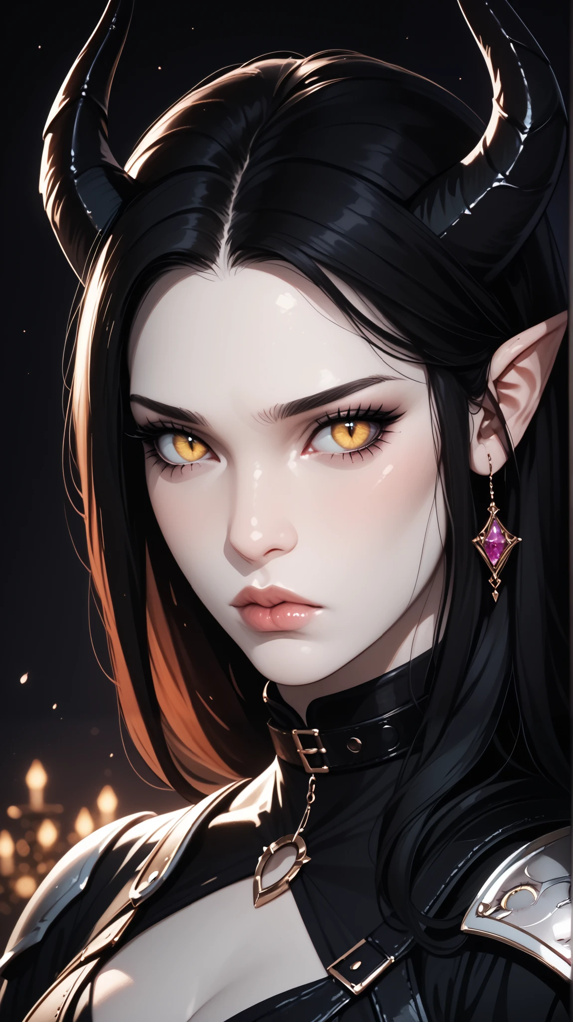 score_9, score_8_ upwards, score_7_ upwards, score_6_ upwards, score_5_ upwards, ((( beautiful , high quality))), sadness, portrait, score_9, score_8_ upwards, score_7_ upwards, black sclera , slit p upwardsils, tiefling, yellow eyes, white skin, black hair, armor, dark background , blurred background, Gothic, posing, at night, sadness, realistic natural light , big , beautiful detailed lips , long lashes , good anatomy, seductive look, big thick black horns, black clothes, collar, dark fantasy, 8 k, photorealistic