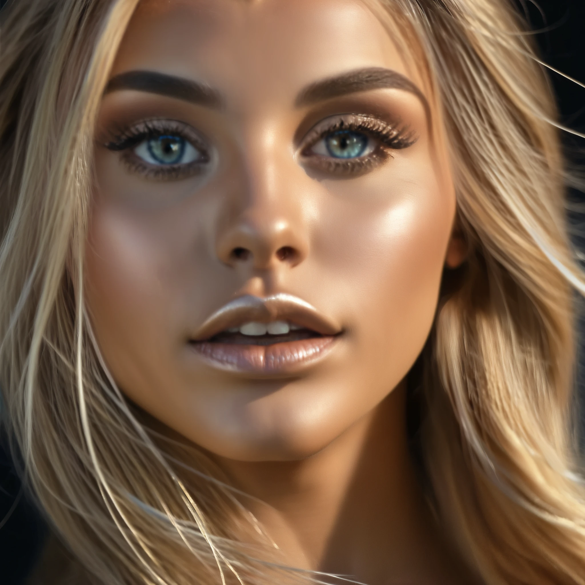 award winning photography of an perfect gorgeous caucasian blonde 22 year old woman. Thick lips. Long flowing blonde hair. sun tanned skin. Clear silver-blue eyes with smoky eye makeup. Black background. Award winning photography. Artistic shot. Weird angle shot., Depth of field , bokeh effect, Bokeh