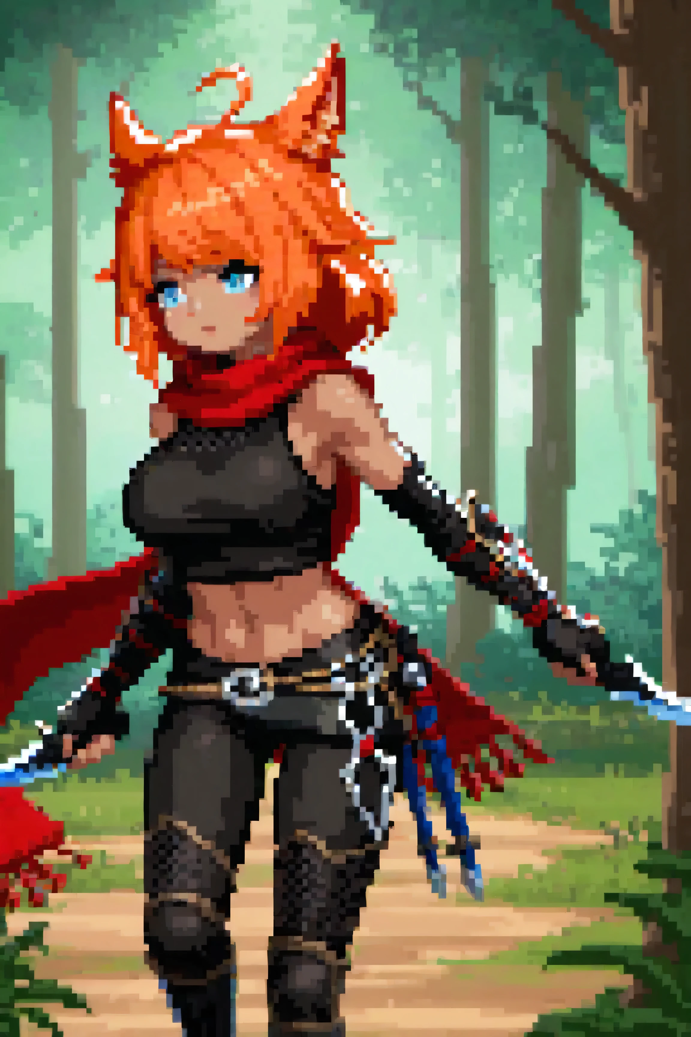 ninja (final fantasy), warrior of light (ffxiv), final fantasy, final fantasy xiv, 1girl, ahoge, animal ear fluff, animal ears, arm warmers, bare shoulders, black crop top, black pants, blue eyes, breasts, crop top, dagger, day, dark-skinned female, dark skin, dougi, dual wielding, fingerless gloves, forest, gloves, holding, holding dagger, large breasts, medium hair, midriff, miqo'te, nature, ninja, orange hair, outdoors, pants, red scarf, scarf, sleeveless, solo, thighs,