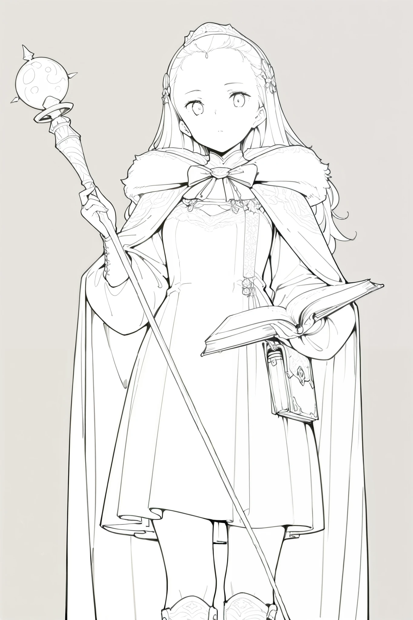 masterpiece, best quality, good quality, very awa, newest, highres, absurdres, greyscale, monochrome, line art, lineart, Timbrook
masterpiece, best quality, good quality, very awa, newest, highres, absurdres, four fingers and a thumb, fabula-ultima, 1girl, solo, book, long hair, holding, cowboy shot, pantyhose, simple background, staff, dress, cape, hair ornament, standing, fur trim, open book, holding book, bow, white dress, white pantyhose, looking at viewer, forehead, boots, detailed cloth folds, intricate details,