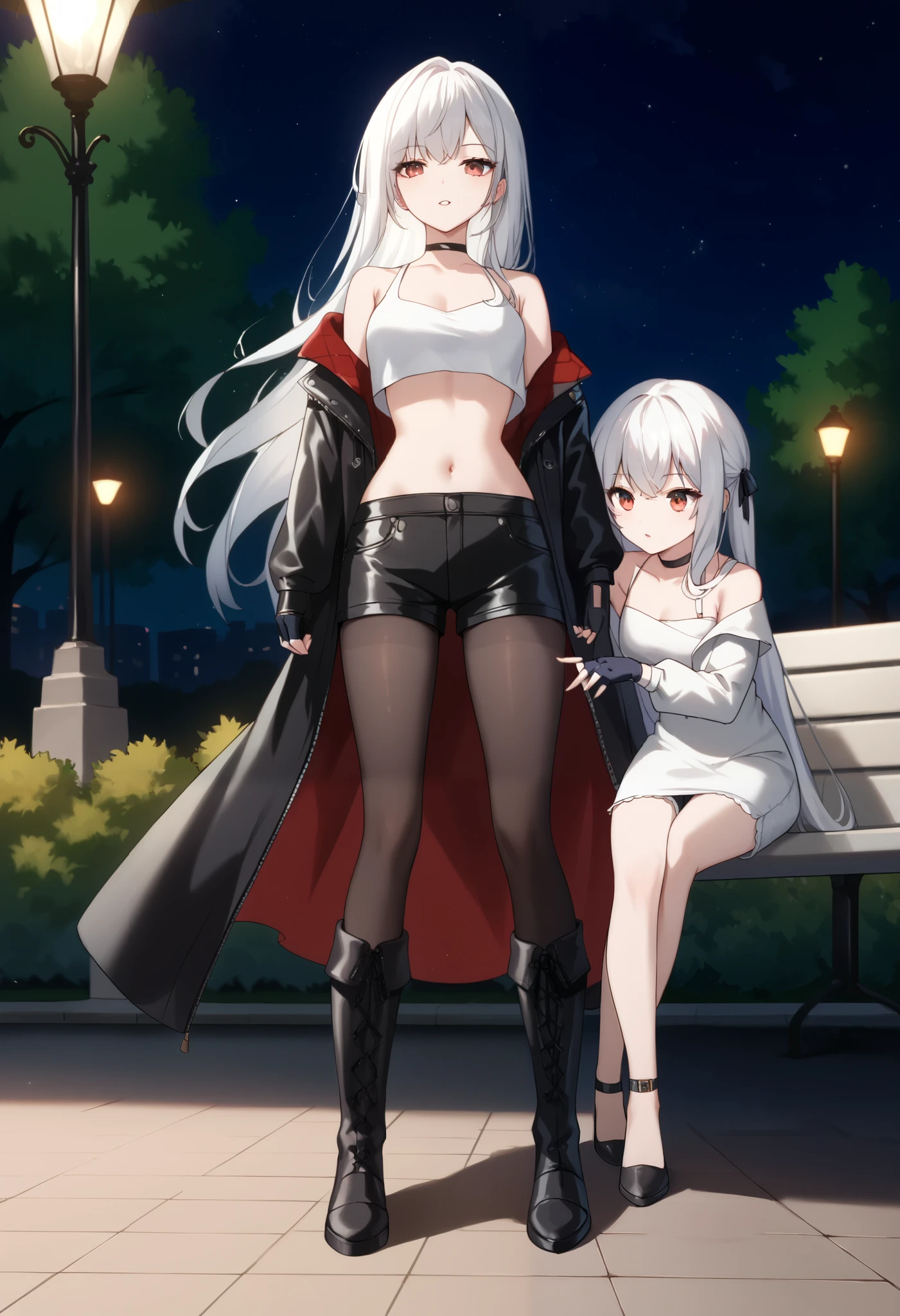 2 girl, white hair, long hair, red eye, night, park, She is wearing park, dongtan dress, white dress, black footwear, black gloves, leather jacket, black jacket, off shoulder jacket, crop top, black fingerless gloves, black shorts, black pantyhose, knee boots, front shots,