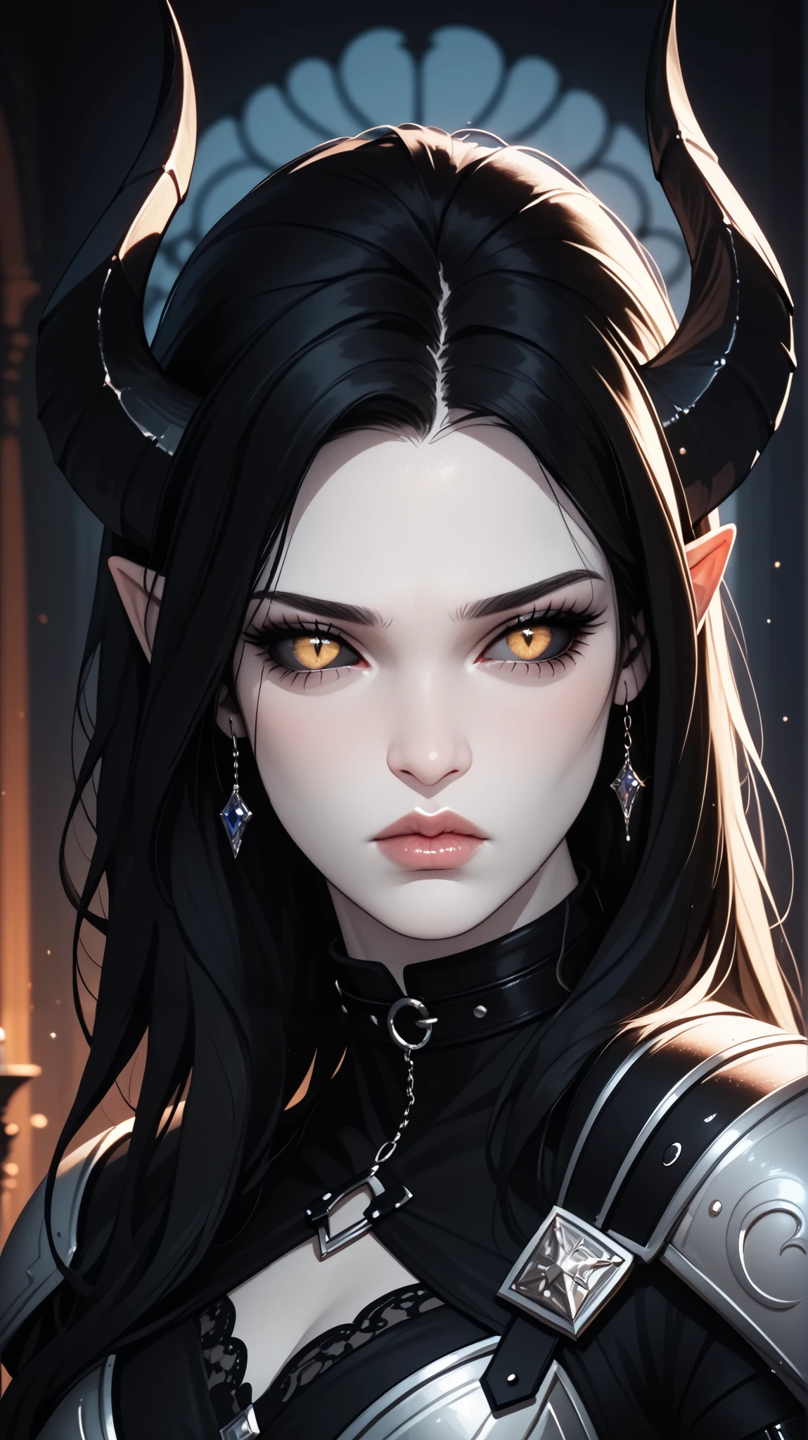 score_9, score_8_ upwards, score_7_ upwards, score_6_ upwards, score_5_ upwards, ((( beautiful , high quality))), sadness, portrait, score_9, score_8_ upwards, score_7_ upwards, black sclera , slit p upwardsils, tiefling, yellow eyes, white skin, black hair, armor, dark background , blurred background, Gothic, posing, at night, sadness, realistic natural light , big , beautiful detailed lips , long lashes , good anatomy, seductive look, big thick black horns, black clothes, collar, dark fantasy, 8 k, photorealistic