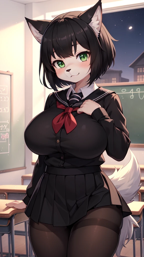 (masterpiece, best quality), 
(rinkanbiyakuchuudokunigeba), (furry:1.2), 1girl,, 
blushing, smiling, 
long black hair, hair ribbon, 
green eyes, 
(huge breasts), 
(school uniform:1.15), short skirt, 
standing, looking at viewer, 
indoor, 
(bocchi style), 
 <lora:RinkanBiyakuChuudokuNigeba-08:0.8>
