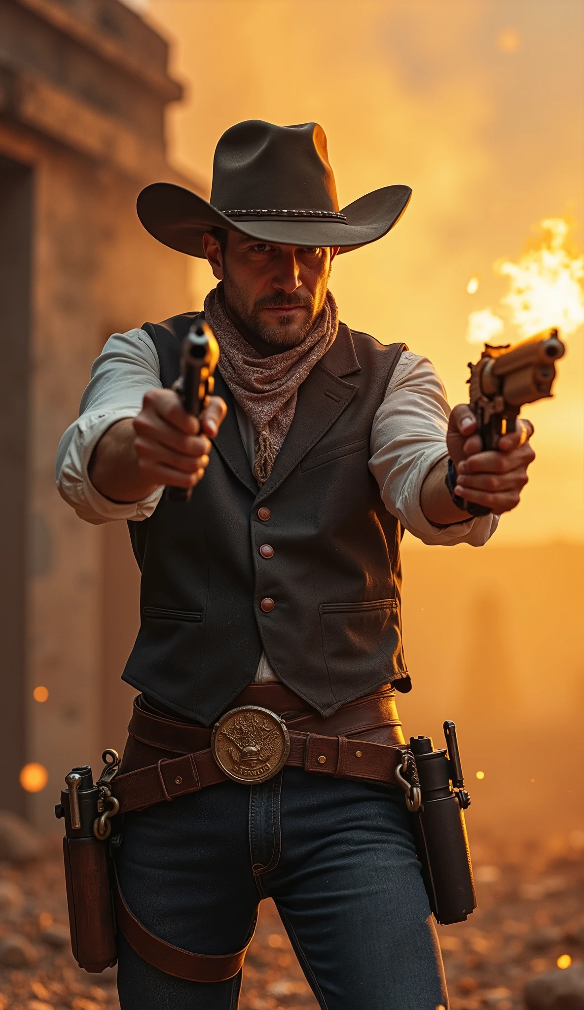 Кольт Сингл Экшен, a wild west cowboy man shooting with two Кольт Сингл Экшен revolver guns in his hands