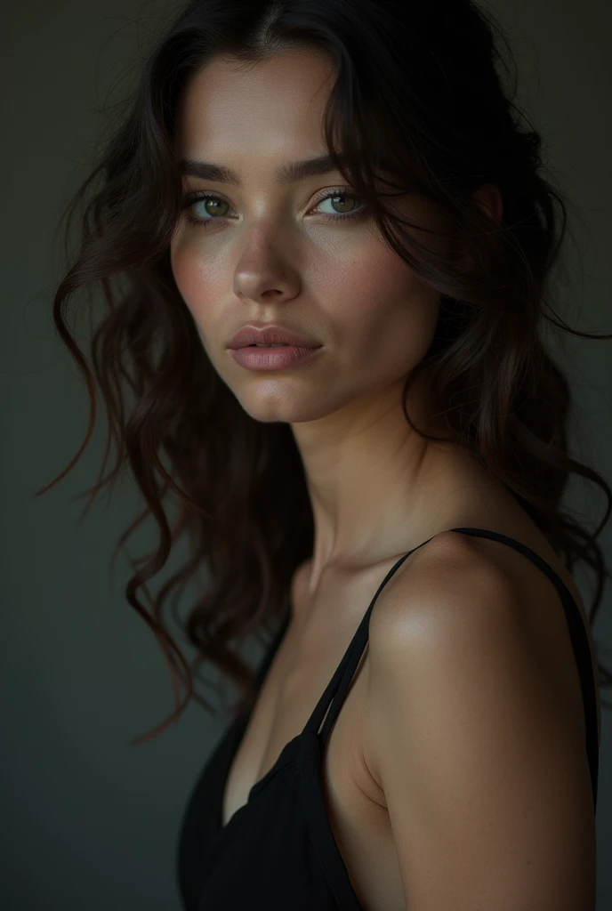 ((Rosto realista, sedutor, Olhar adulto, olhos brancos)), (topo de corte cinza, black underwear, roupas curtas), (cabelo longo preto), (20 anos), (1 girl), (Estilo 4k))