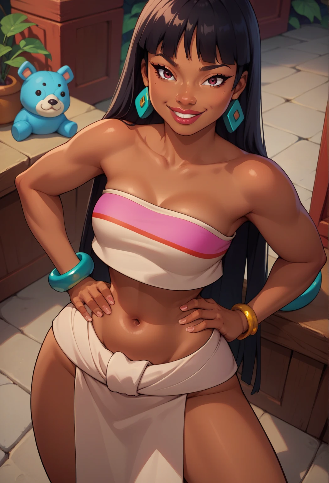 anime style, small breasts, 1girl, woman, rough digital painting, (full body:1.2), 1boy, man, solo, [:epic costume design,:0.2] druid, deep black skirt, (dark skin:1.3), slate blue hair, (muscular:1) build, middle aged, simple background, moba character concept art, bombshell hair, beige hair, Braided Crown, chubby, narrow waist, large breasts, japanese, (brightly lit interior, in a adirondack mall:1)<lora:EnvyThiccXL01:1>