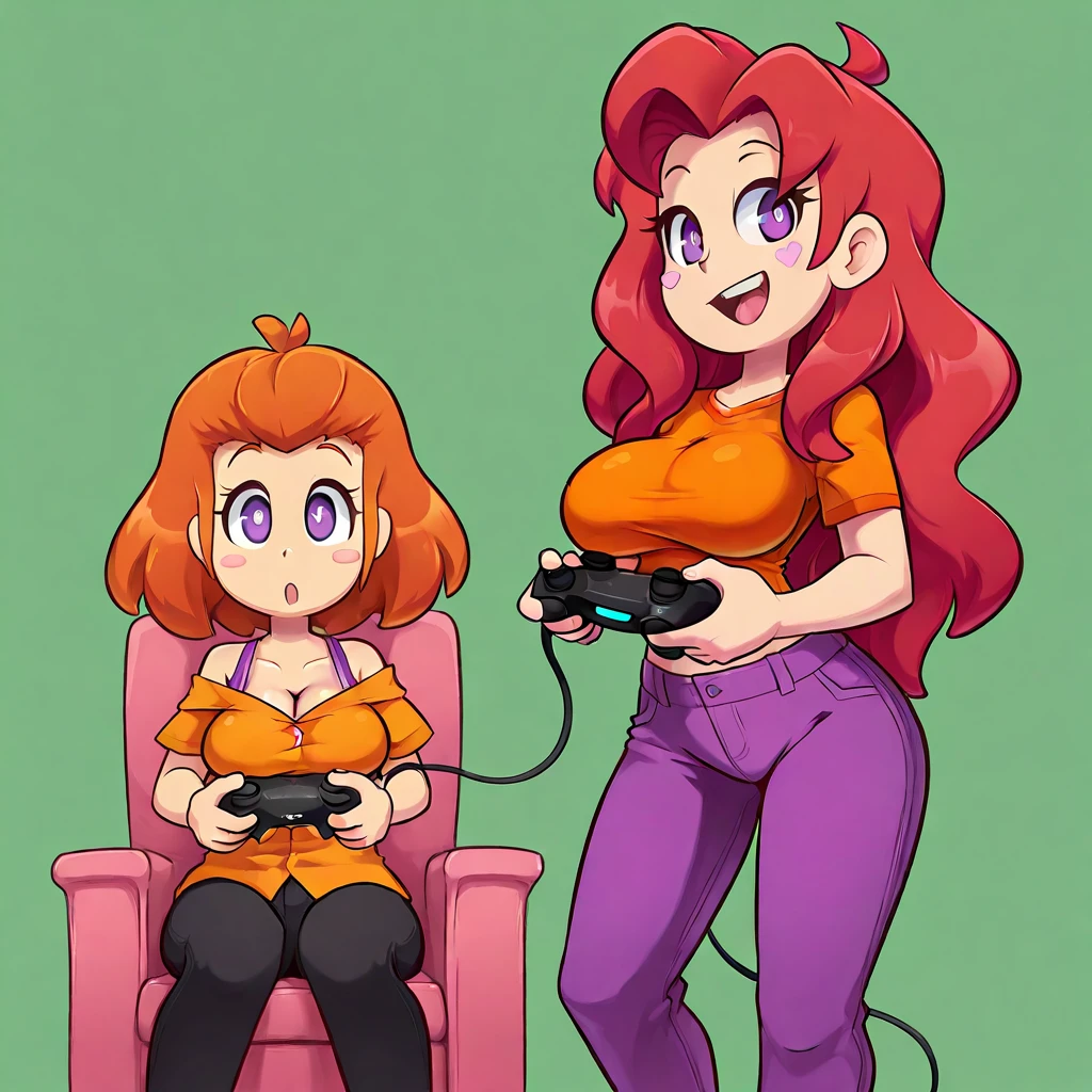 sam, totally spies, skinny, skirt, bare shoulders, orange hair, foreskin, side view, couch, smiling, footjob, fat man playing videogames, cum, controller, beard man