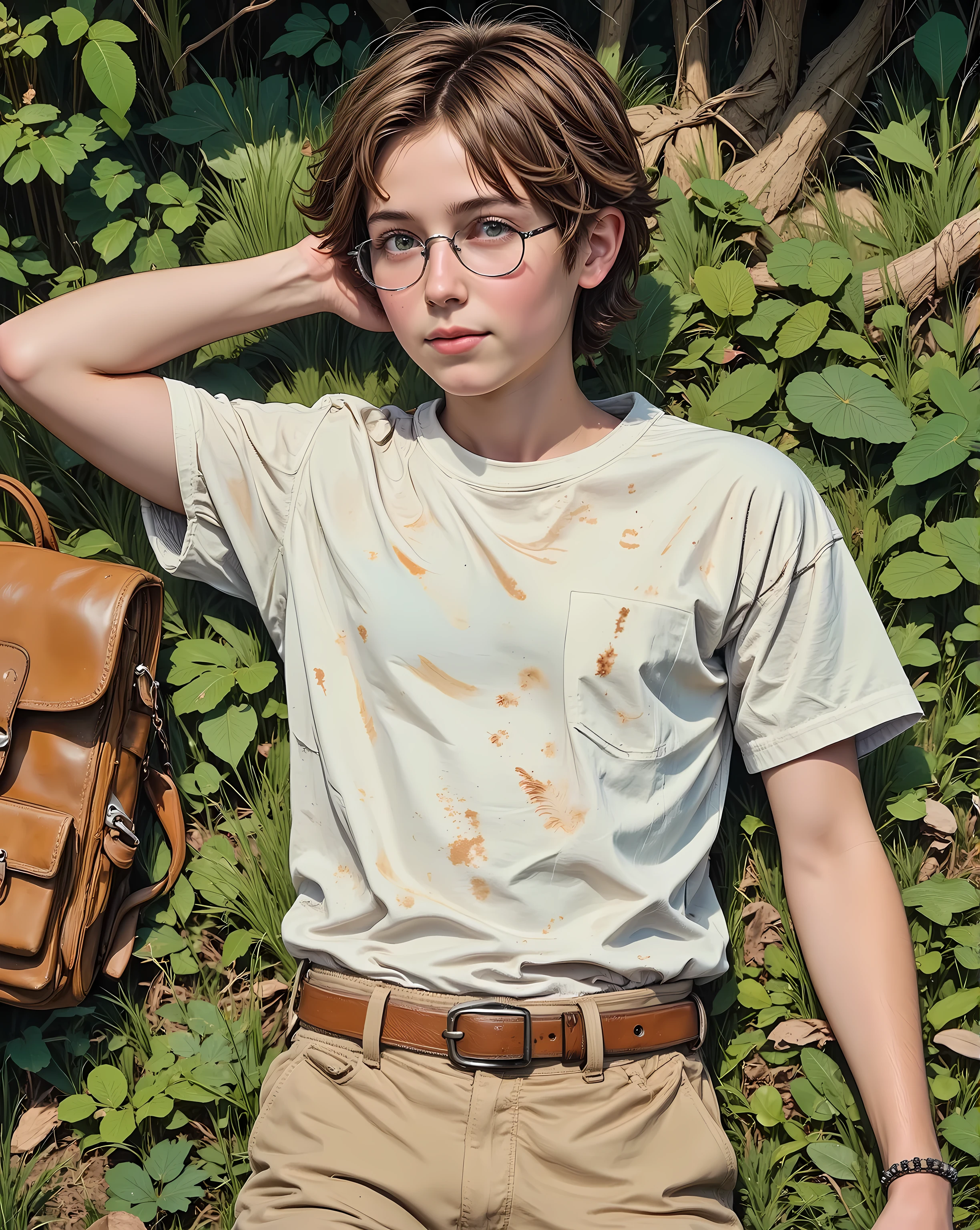 "A young boy with tousled brown hair, wearing thin round glasses, lies peacefully on a bed of lush green grass. He is dressed in a loose white t-shirt with subtle folds, beige cargo pants, and a brown leather belt. His arms are resting behind his head, and a beaded bracelet is on his left wrist. Sunlight filters through the leaves above, casting dappled light and soft shadows across his face and body. A brown leather backpack lies beside him. The background features dense green foliage with rich textures.