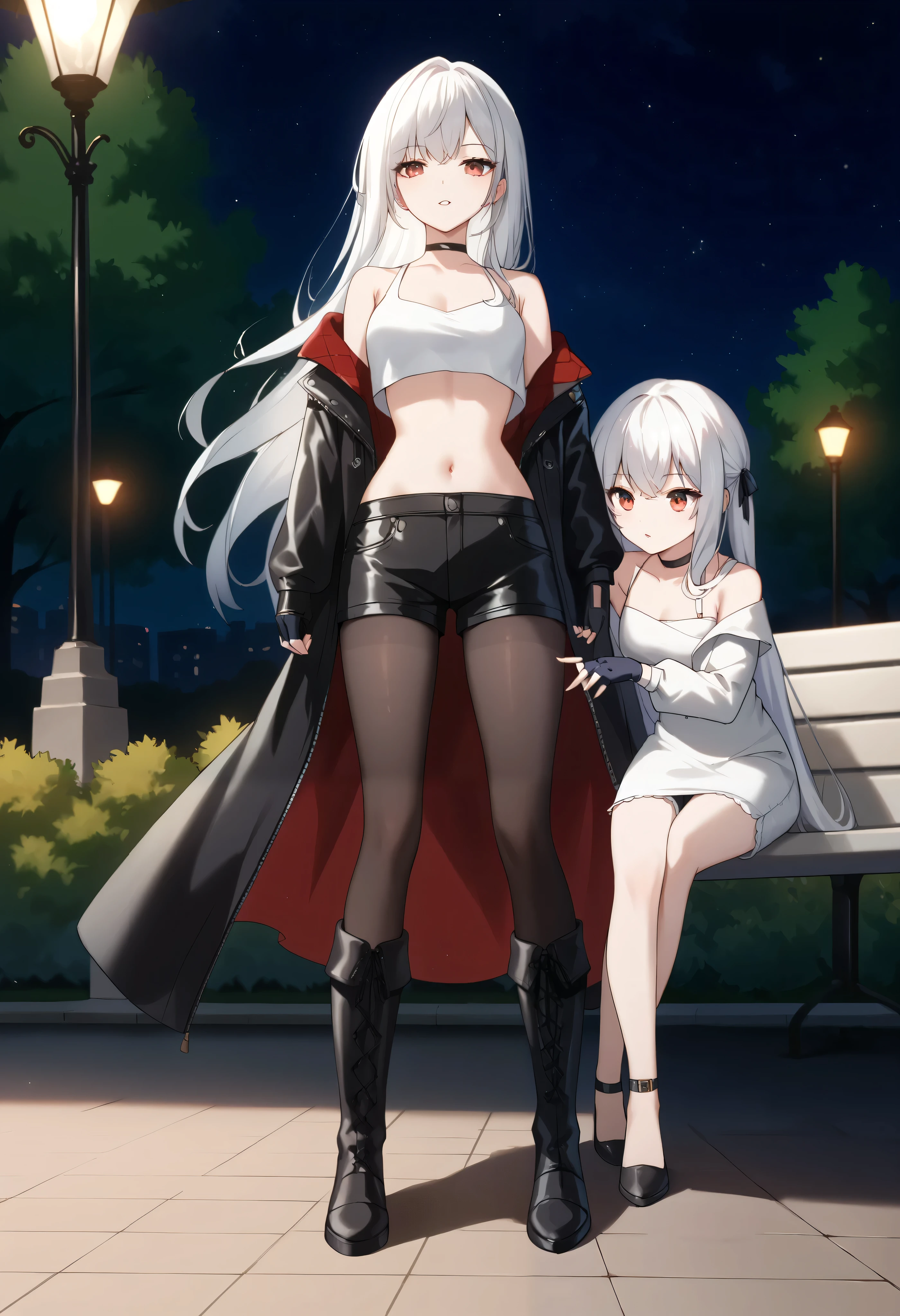 2 girl, white hair, long hair, red eye, night, park, She is wearing park, dongtan dress, white dress, black footwear, black gloves, leather jacket, black jacket, off shoulder jacket, crop top, black fingerless gloves, black shorts, black pantyhose, knee boots, front shots,
