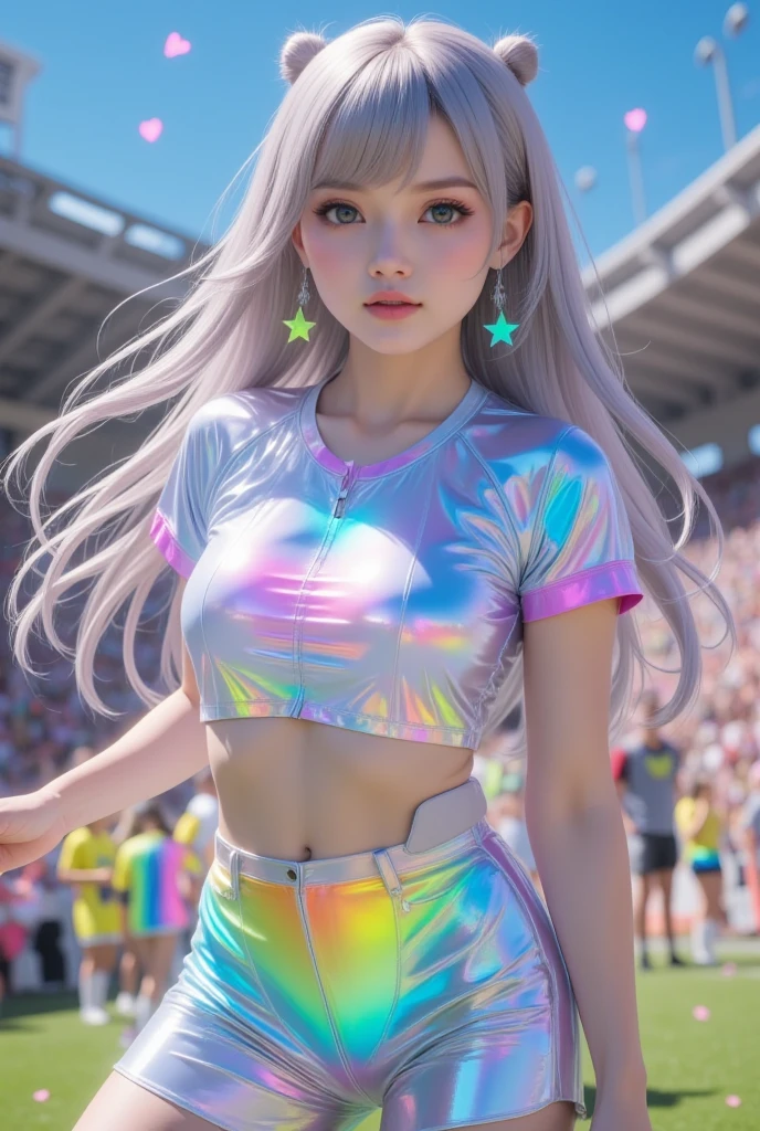 ( top quality,  highest resolution, 8k,  realistic, Real person ,  good ,  precise body structure, Precise hands, Precise hands가락,  perfect photo ), 18 year old girl, Silver hair , silver eyes ,  transparent skin, Lovely Lips, Slightly sticking out tongue, Hair that goes down to the waist,  beautiful , I'm playing soccer on the playground. Many people cheer .